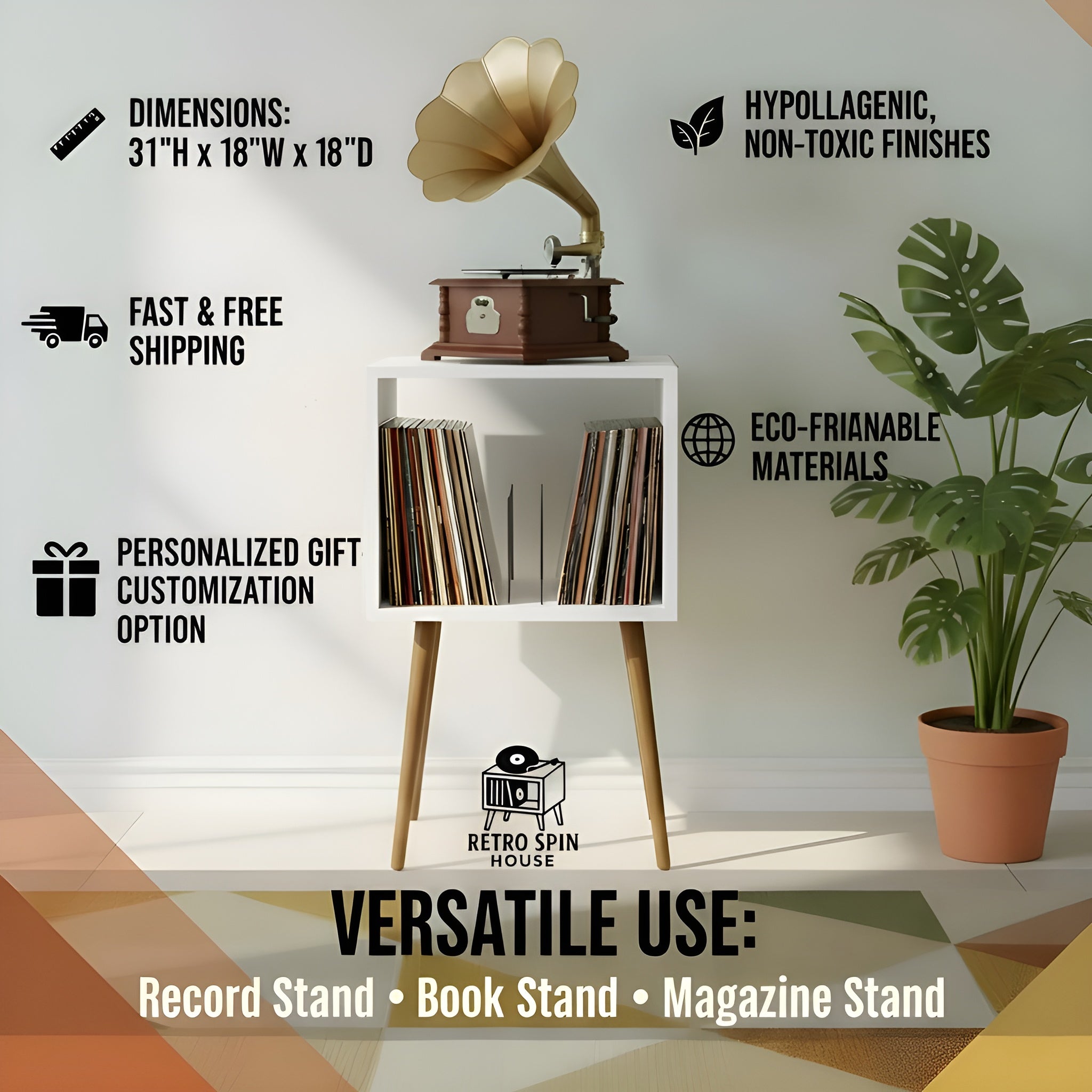 Mid Century Modern Vinyl Record Player Stand – Wooden LP Storage & Turntable Table