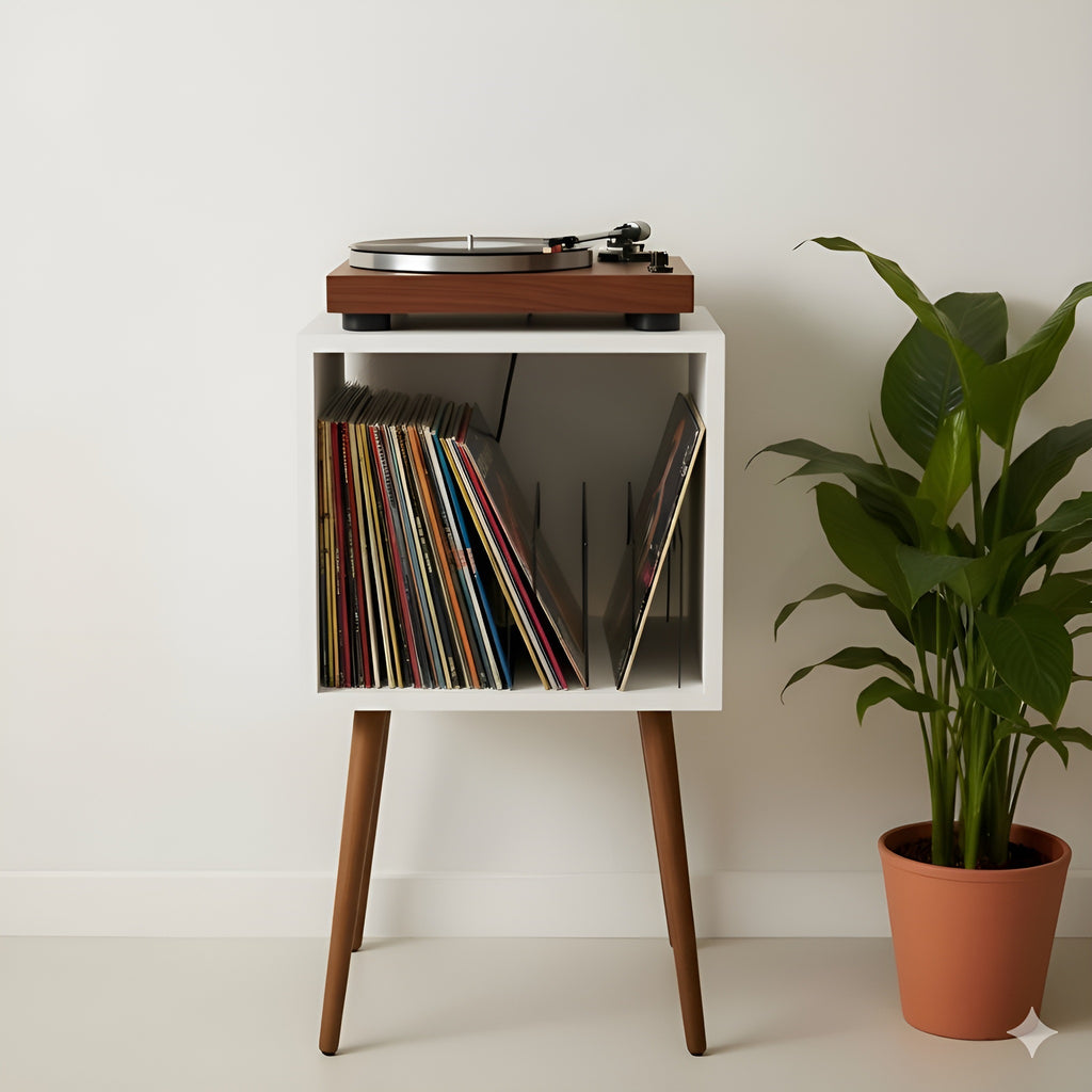 Mid Century Modern Vinyl Record Player Stand – Wooden LP Storage & Turntable Table
