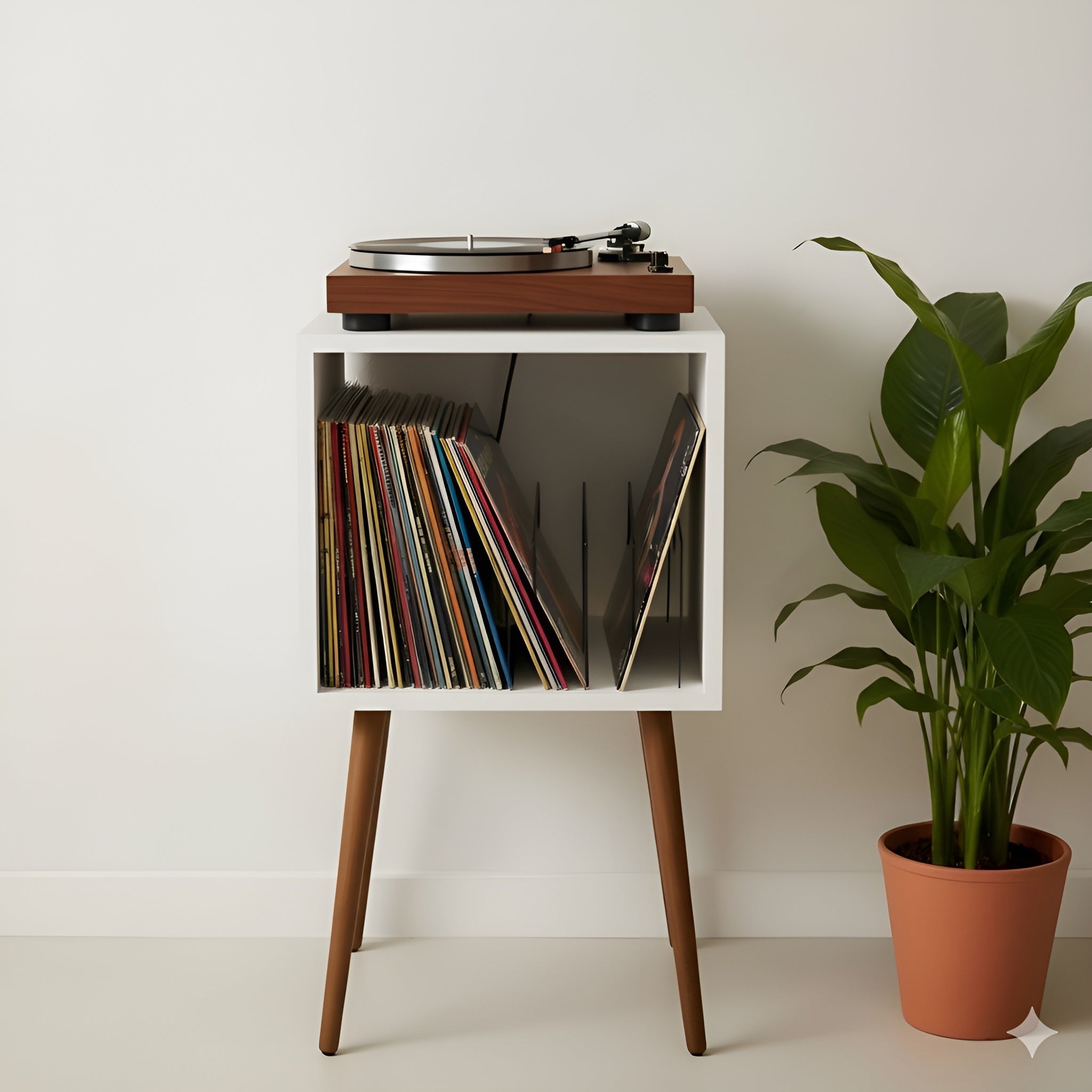 Mid Century Modern Vinyl Record Player Stand – Wooden LP Storage & Turntable Table