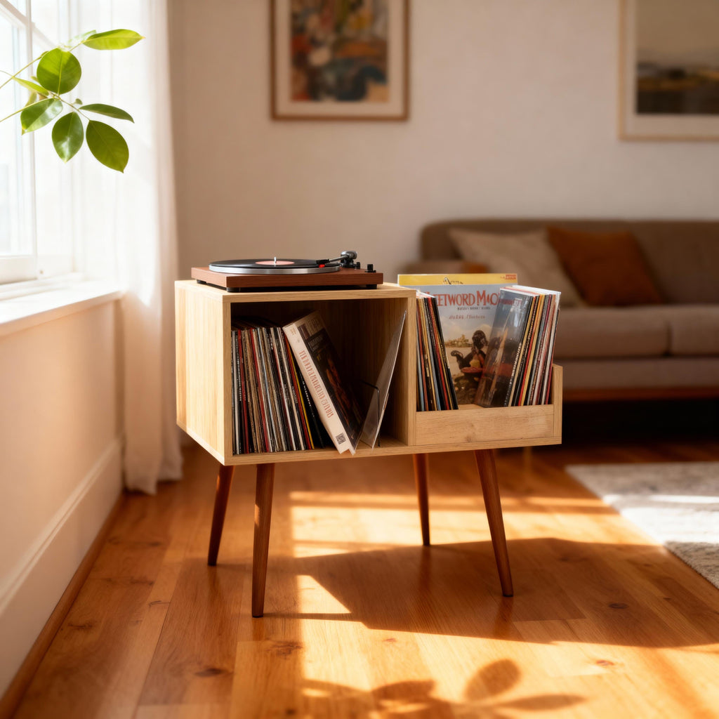 MCM Record Stand with Personalized Text, Mid-Century Turntable Setup and Metal Separator