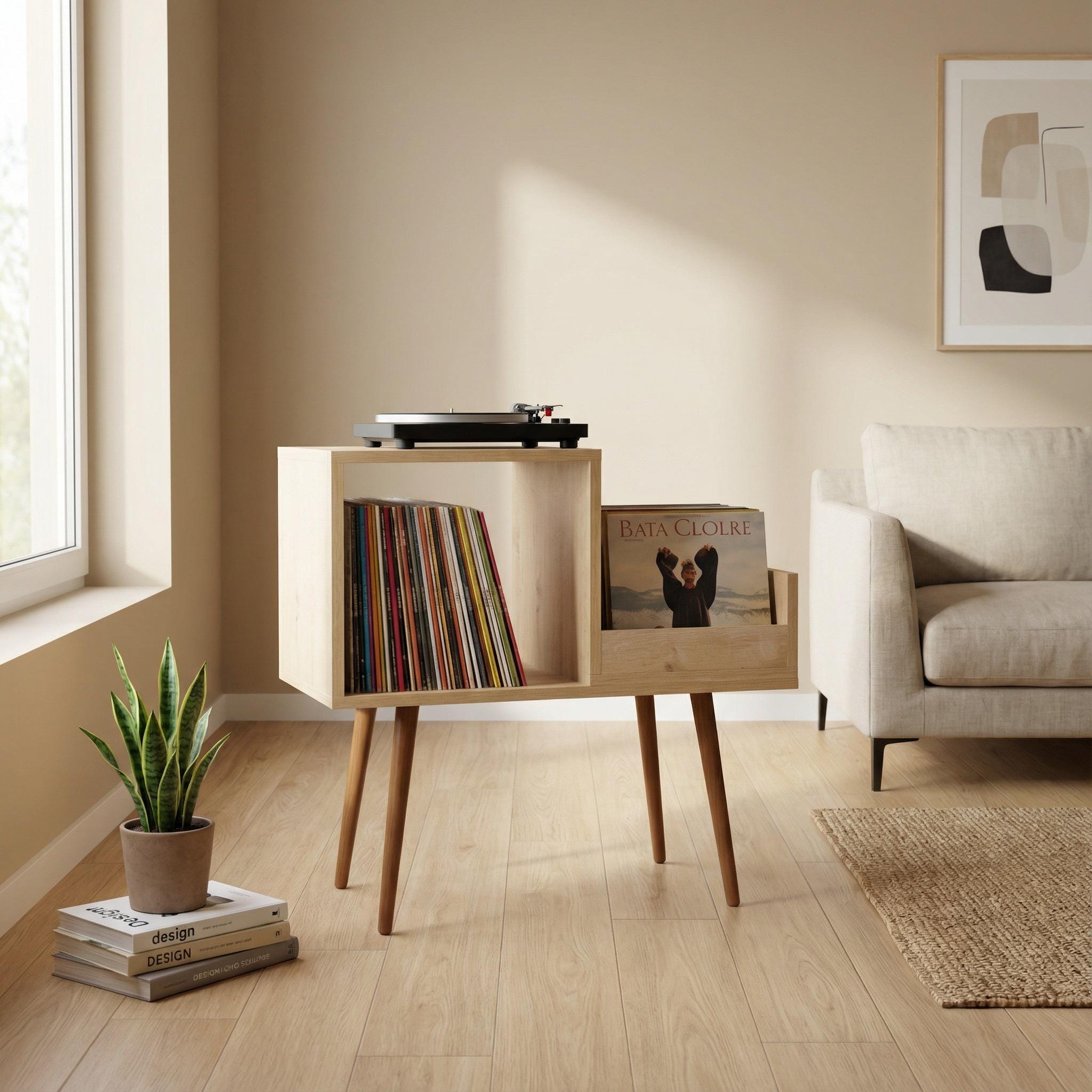 Turntable Stand – Mid Century Modern Record Player Stand with Vinyl Storage.