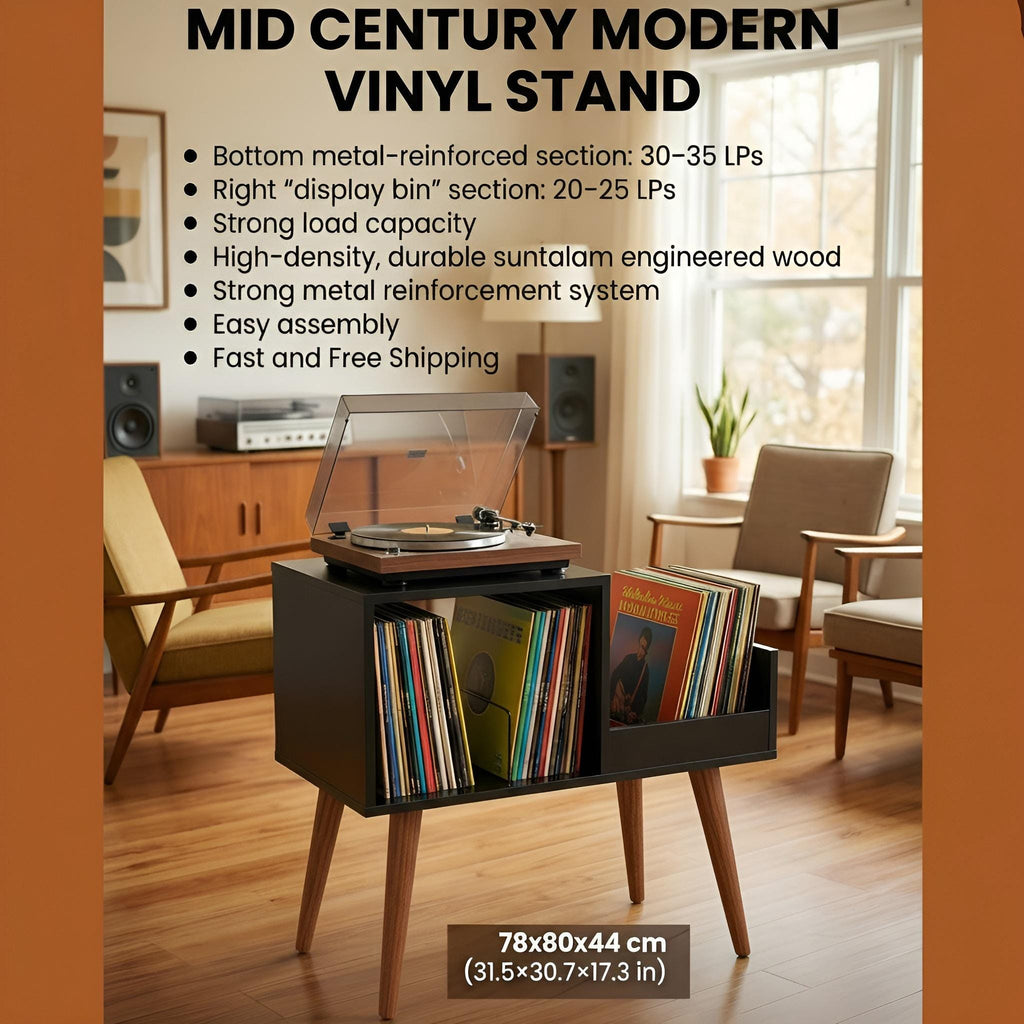 Turntable Stand – Mid Century Modern Record Player Stand with Vinyl Storage.