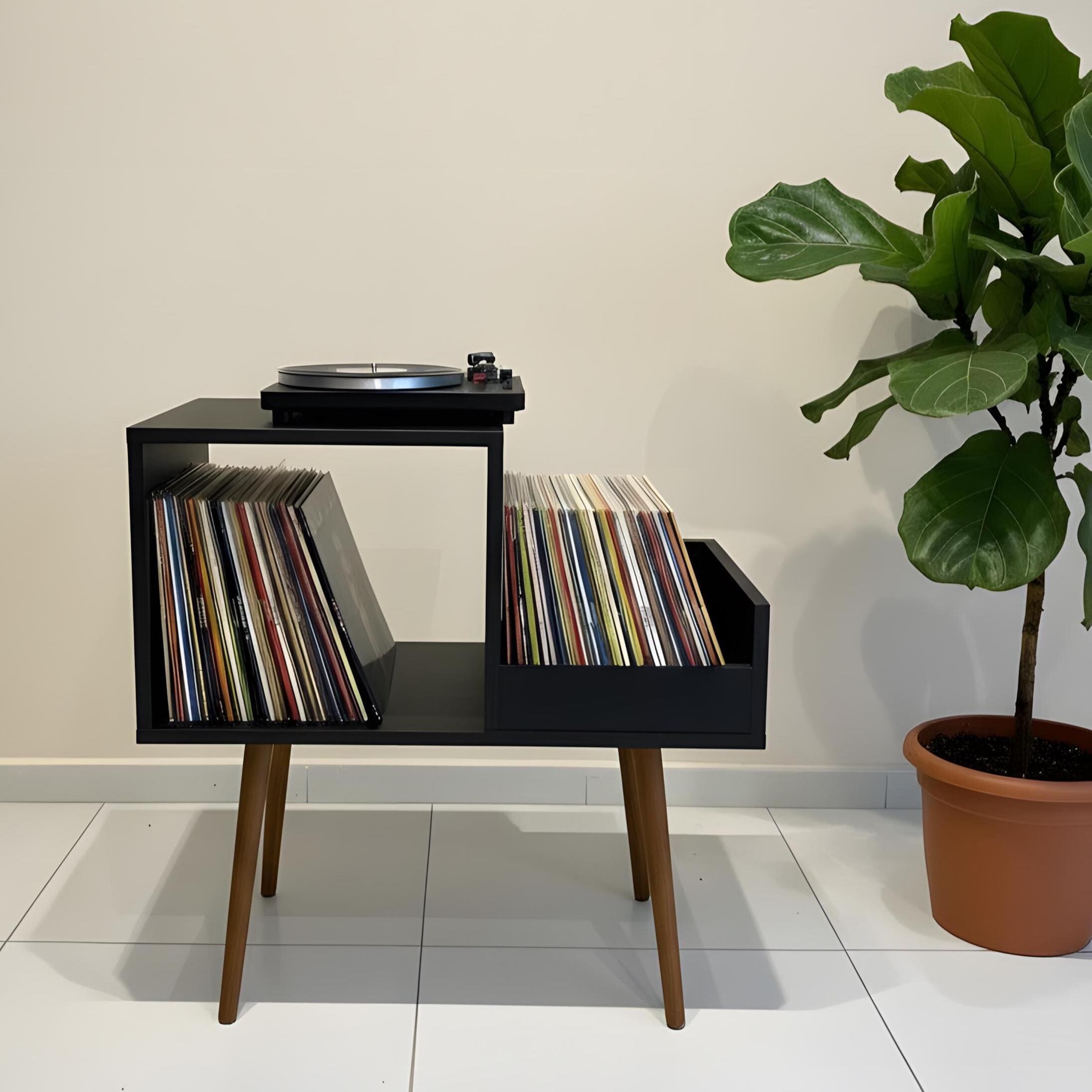 Turntable Stand – Mid Century Modern Record Player Stand with Vinyl Storage.