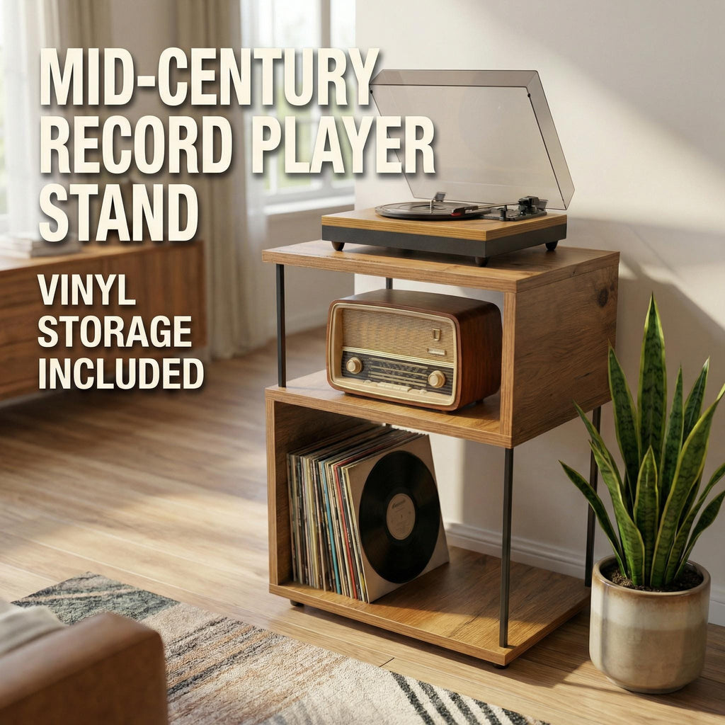 Compact record stand, plywood vinyl setup stand, small media console