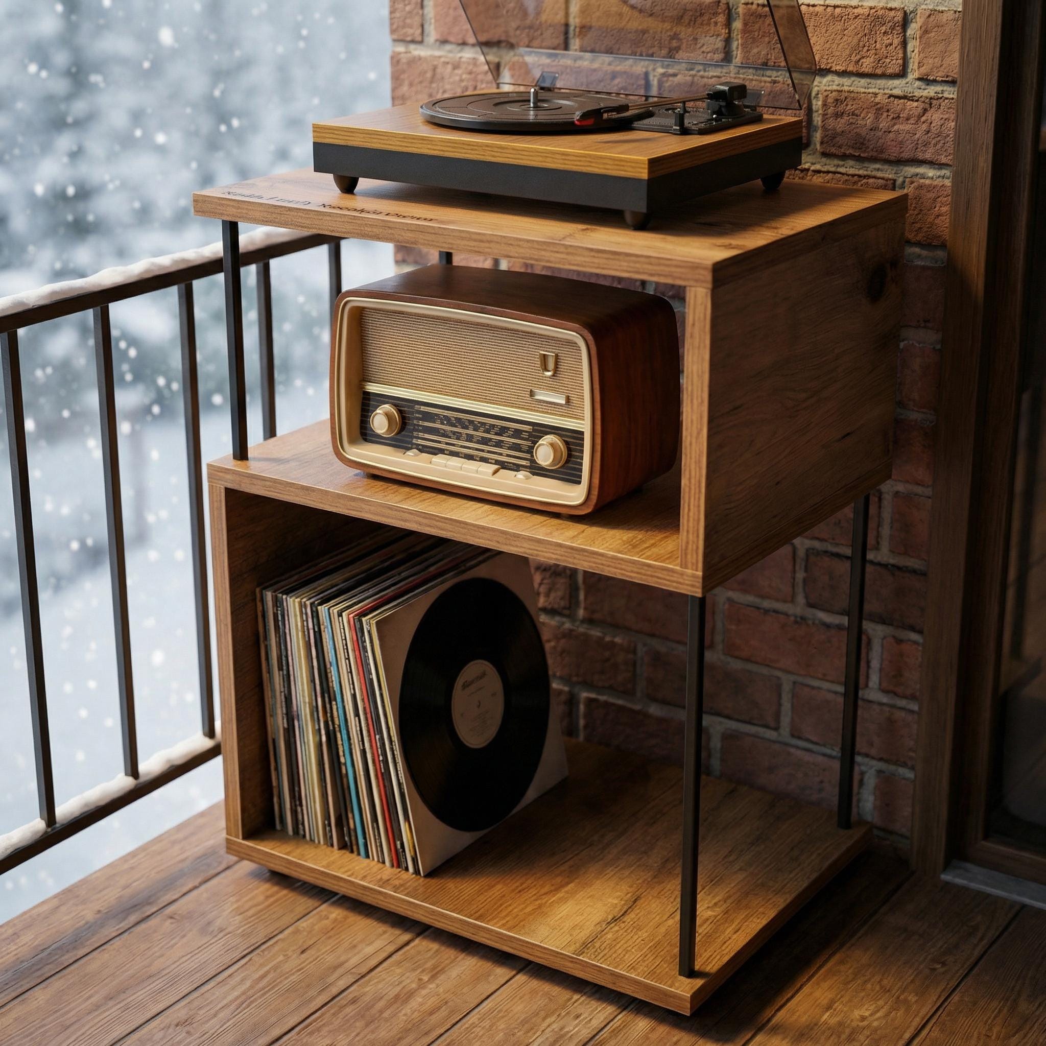 Compact record stand, plywood vinyl setup stand, small media console
