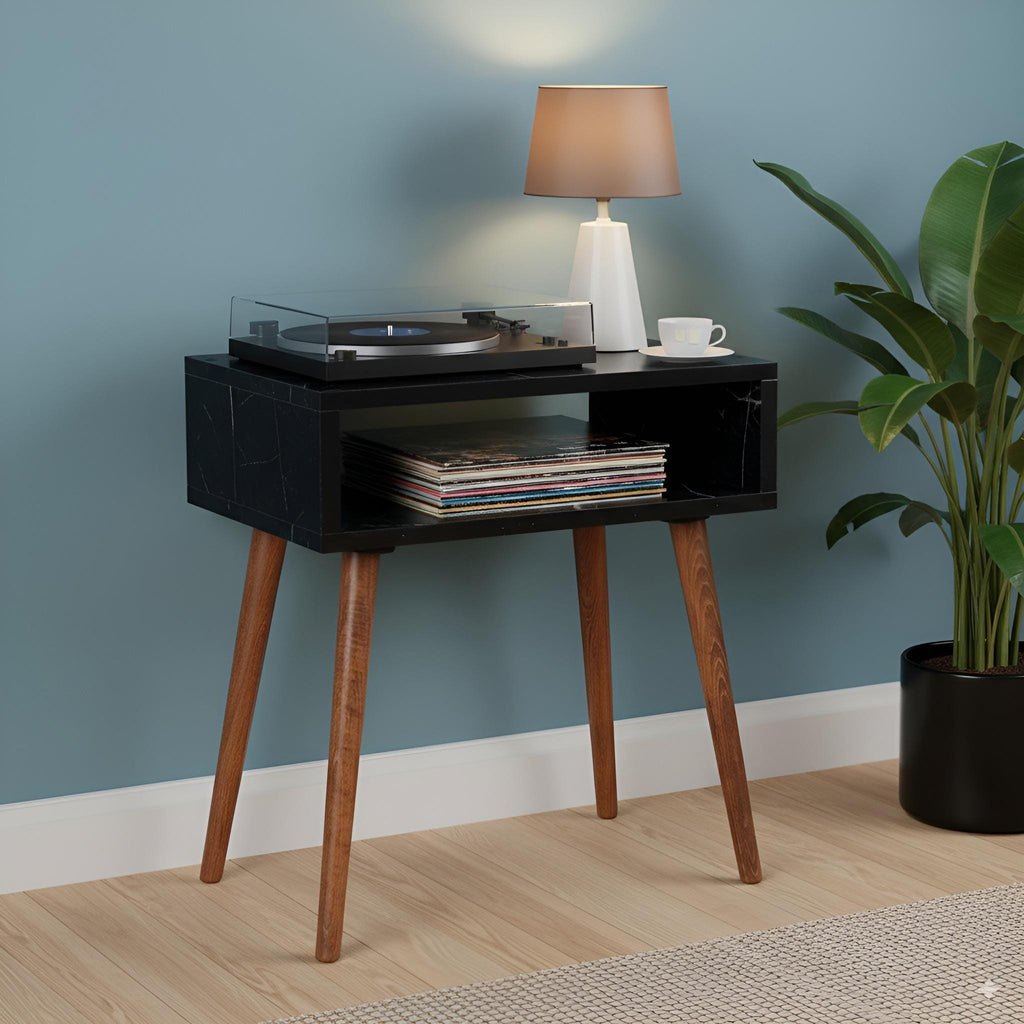 Compact Record stand, Black marble top, Wood legs