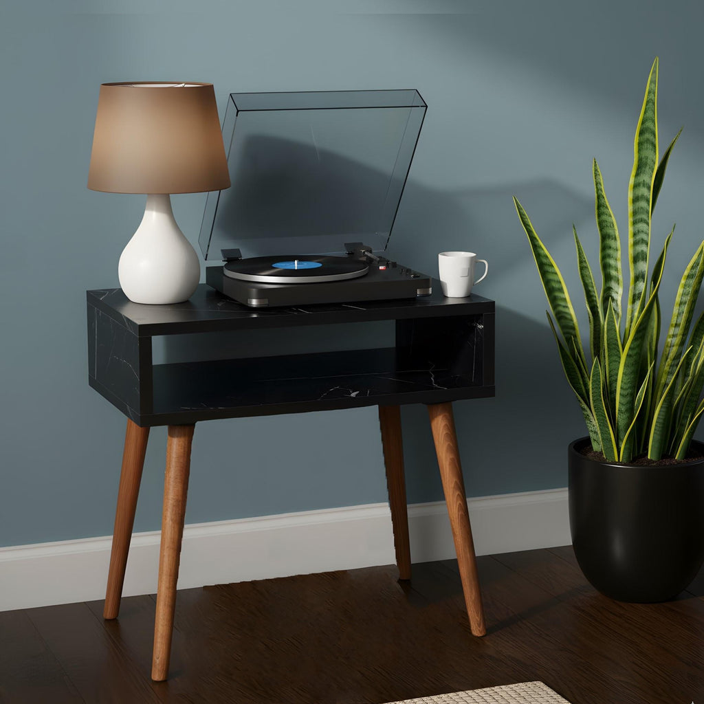 Compact Record stand, Black marble top, Wood legs