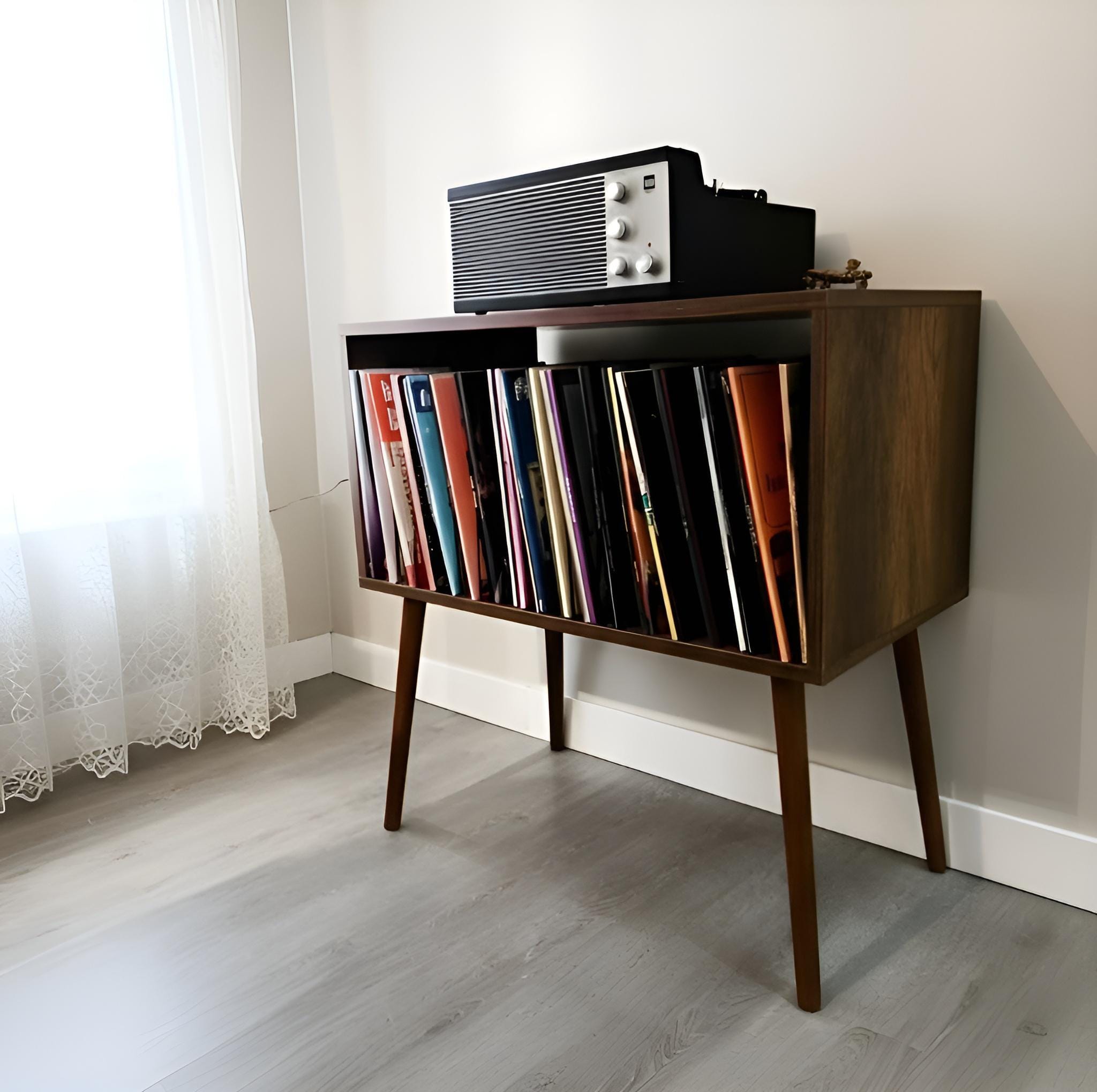 Vinyl Storage Rack Walnut-Pine-White Color, Retro MCM Record Stand, Engraved Front Panel