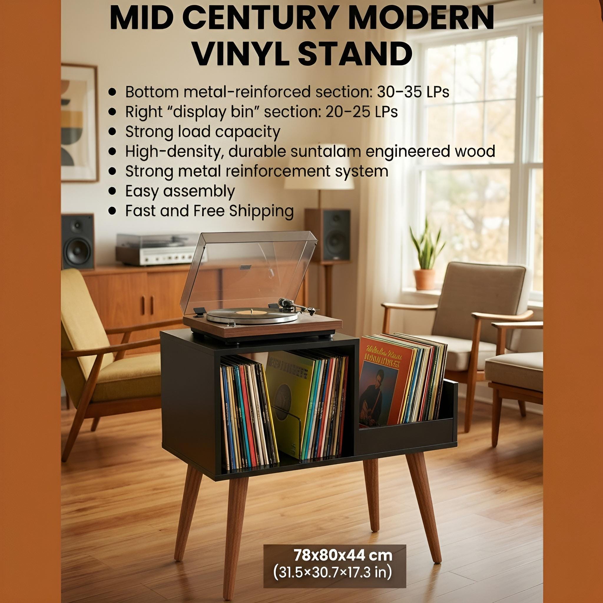 Mid Century Vinyl Record Player Stand, Custom Text LP Storage, vinyl organizer unit.