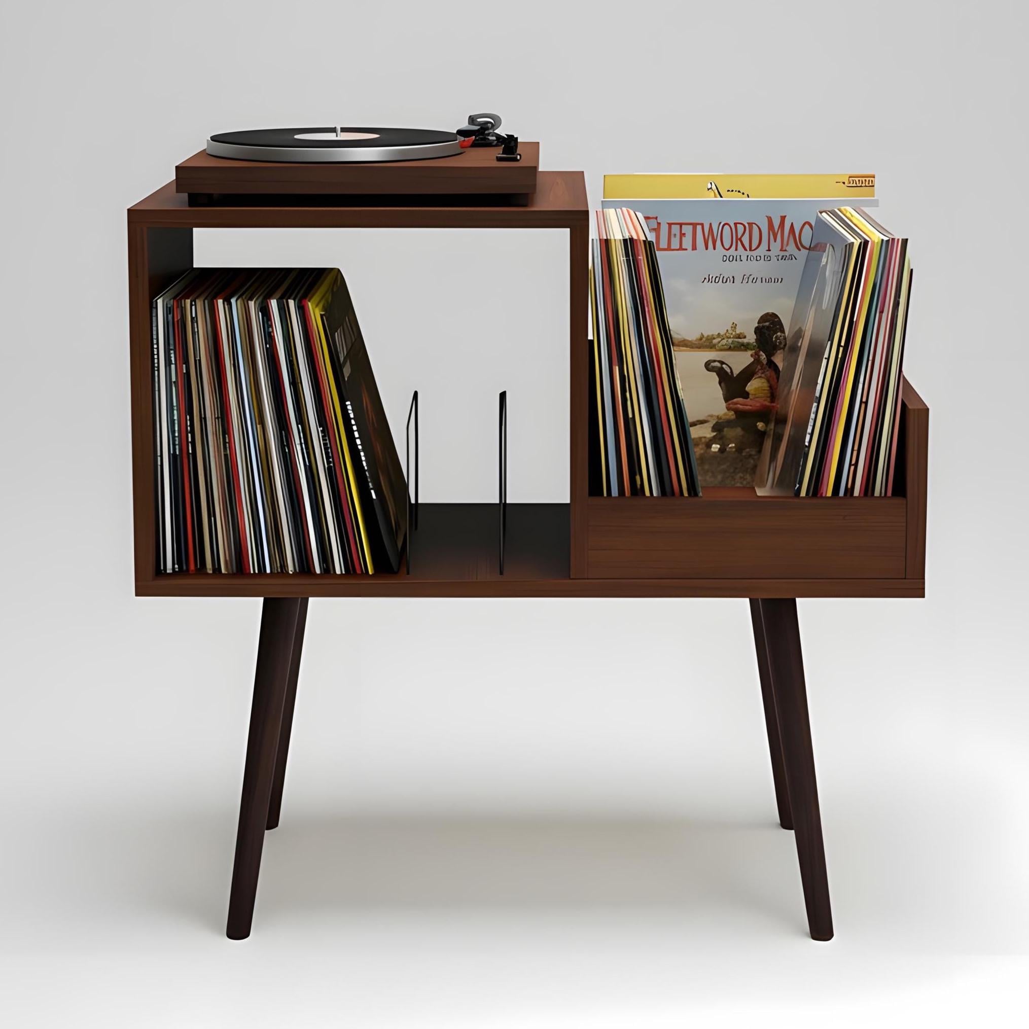 Mid Century Vinyl Record Player Stand, Custom Text LP Storage, vinyl organizer unit.