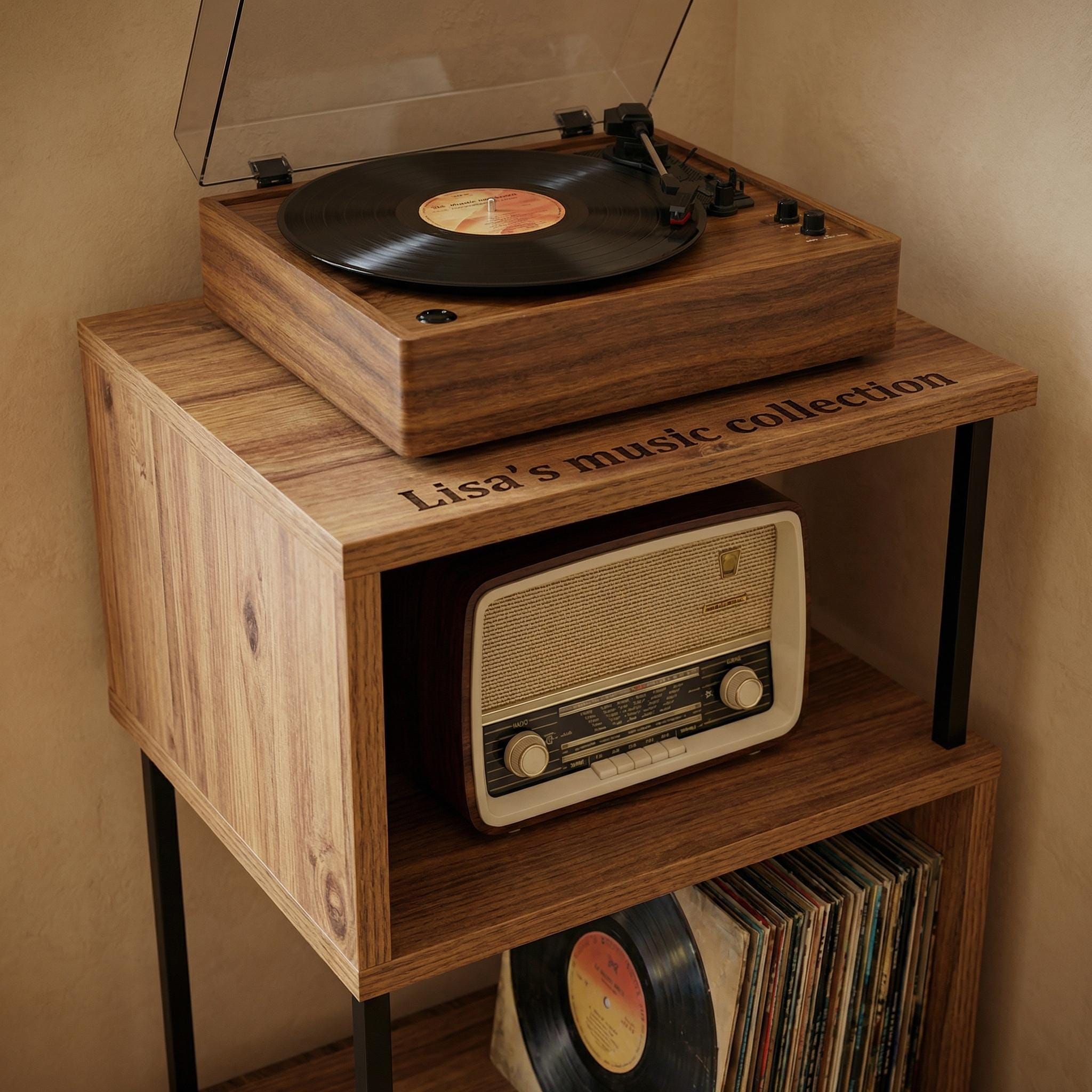 Record player stand with LP storage, small vinyl display unit
