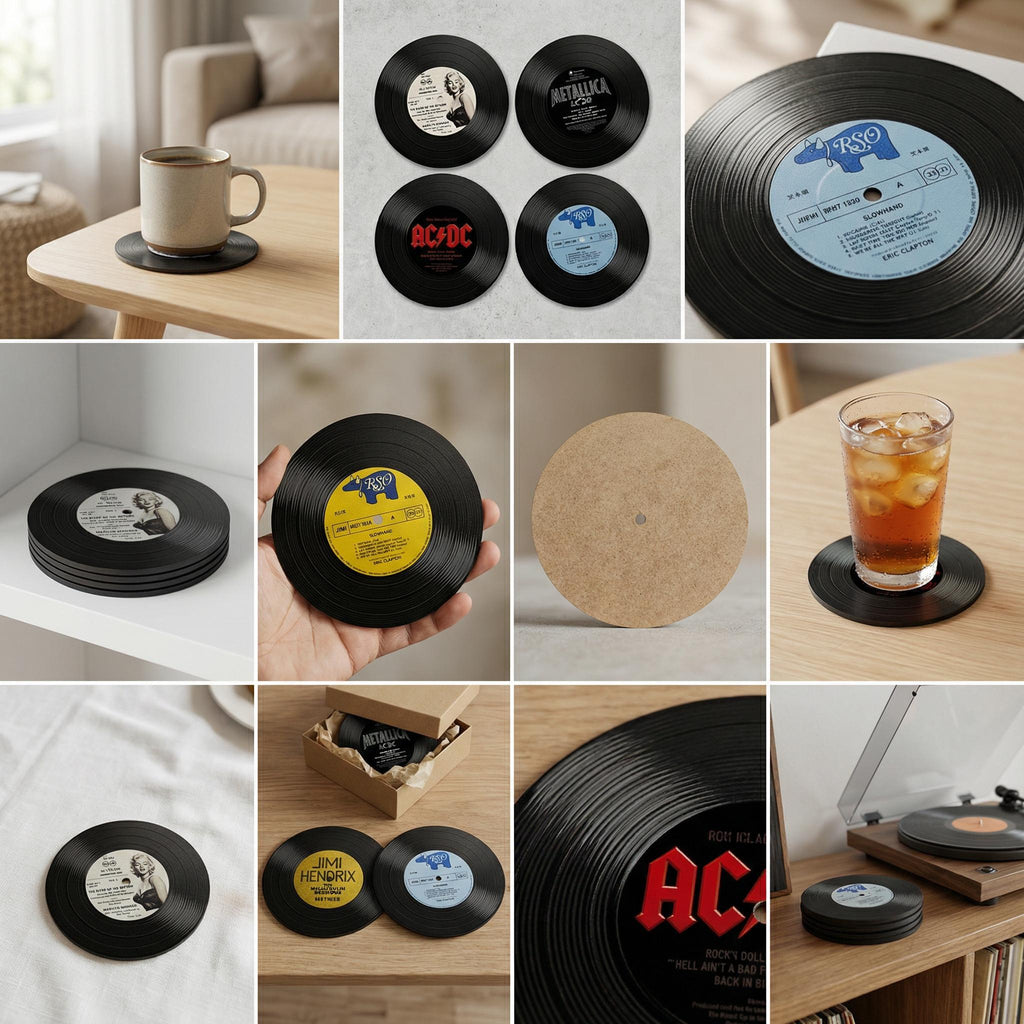 Lp record coaster set, black vinyl, retro dj booth decor