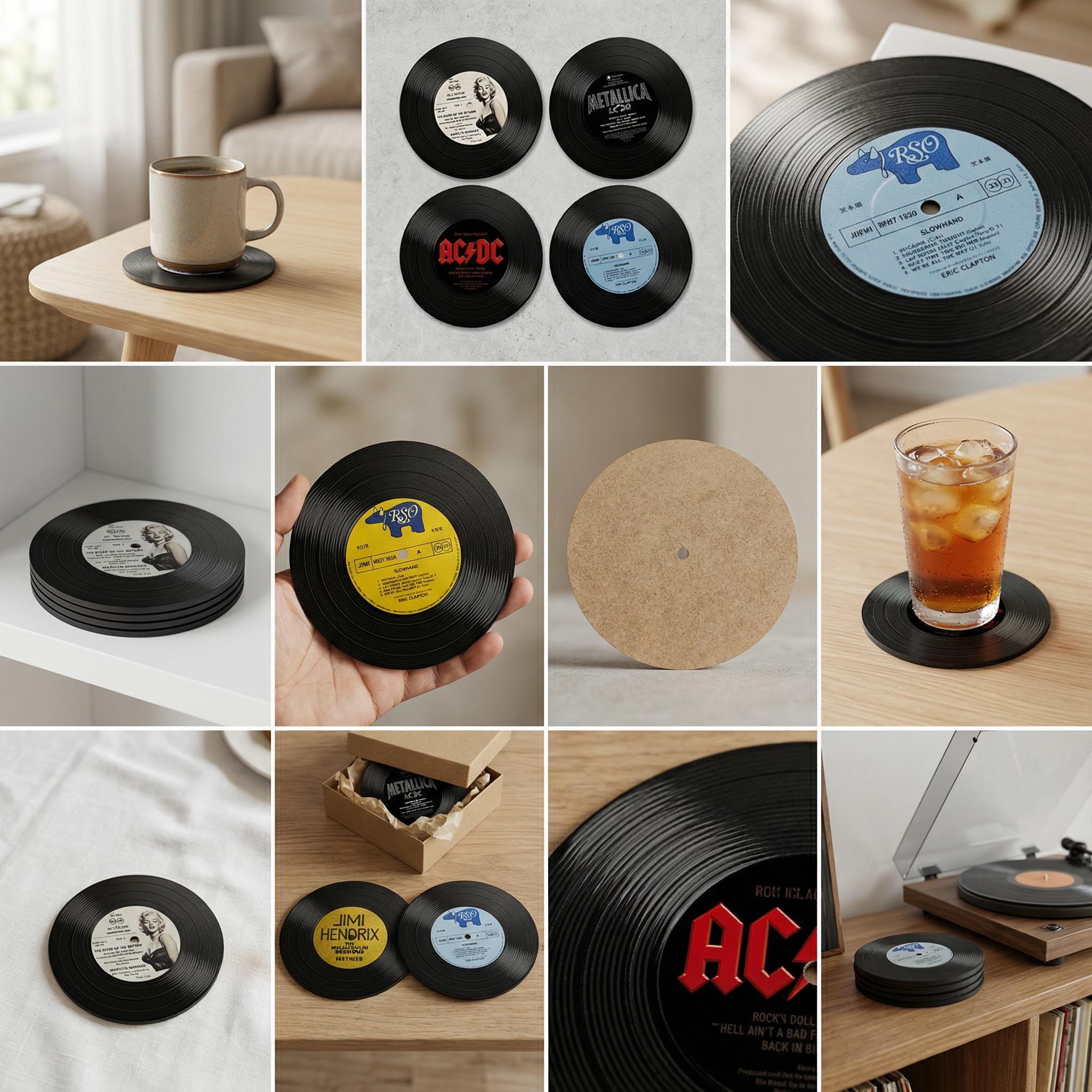 Lp record coaster set, black vinyl, retro dj booth decor