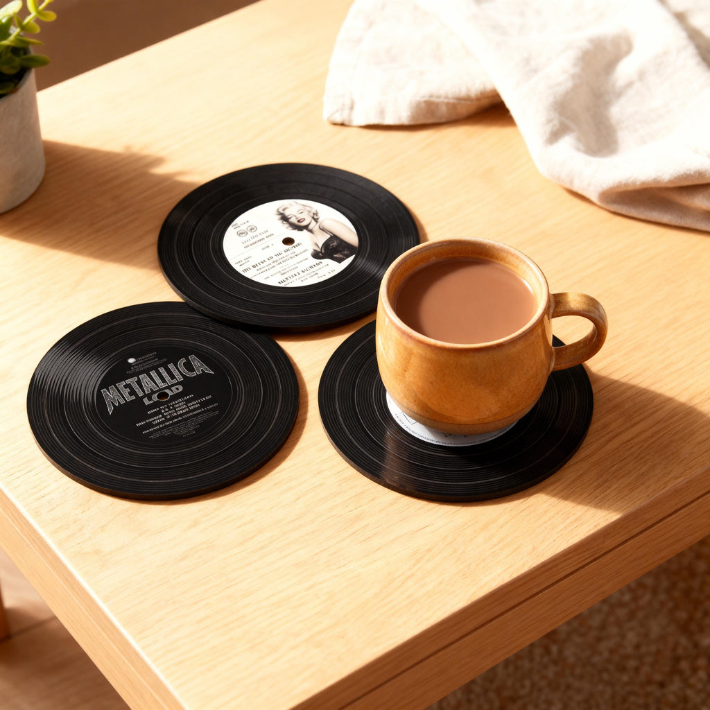 Lp record coaster set, black vinyl, retro dj booth decor