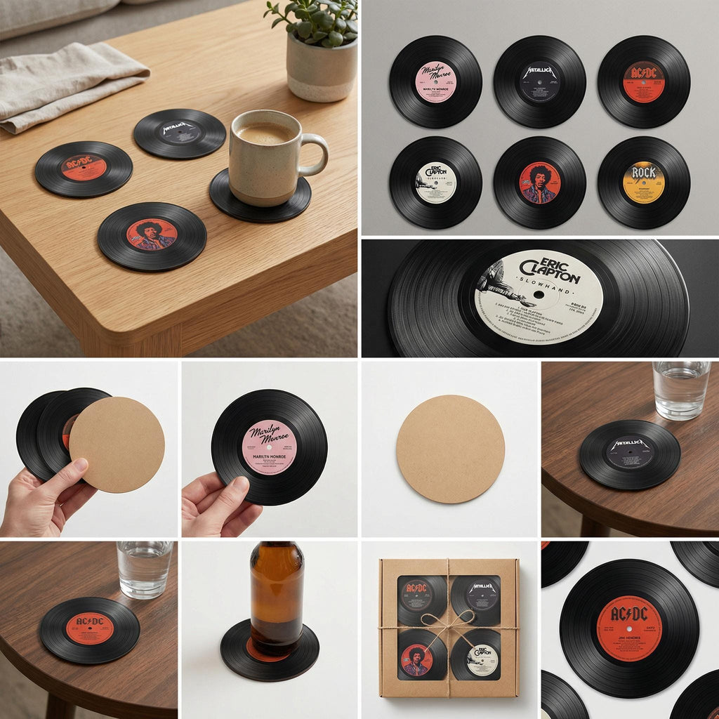 Lp record coaster set, black vinyl, retro dj booth decor