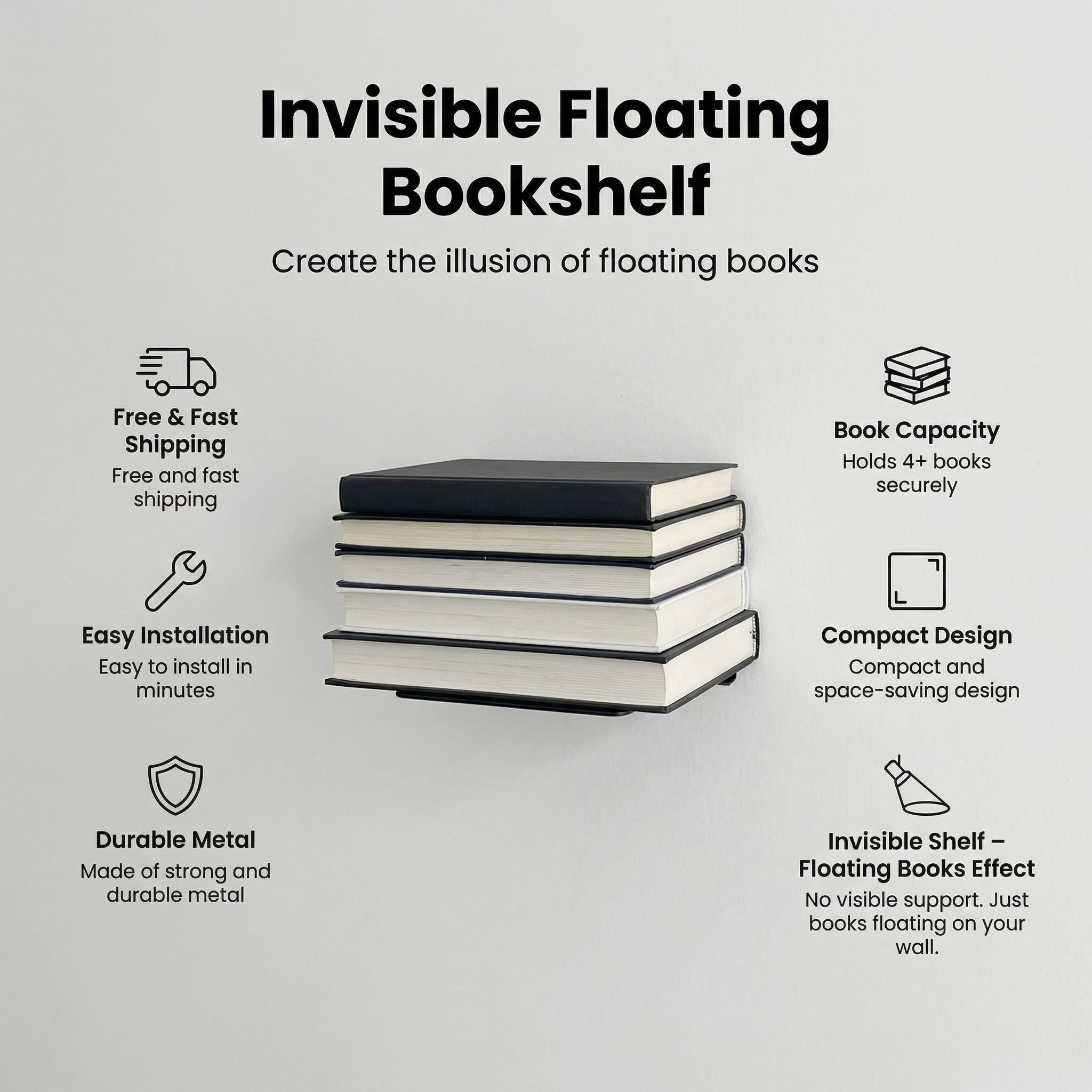 Minimalist Invisible Bookshelf | Modern Metal Wall Shelf
