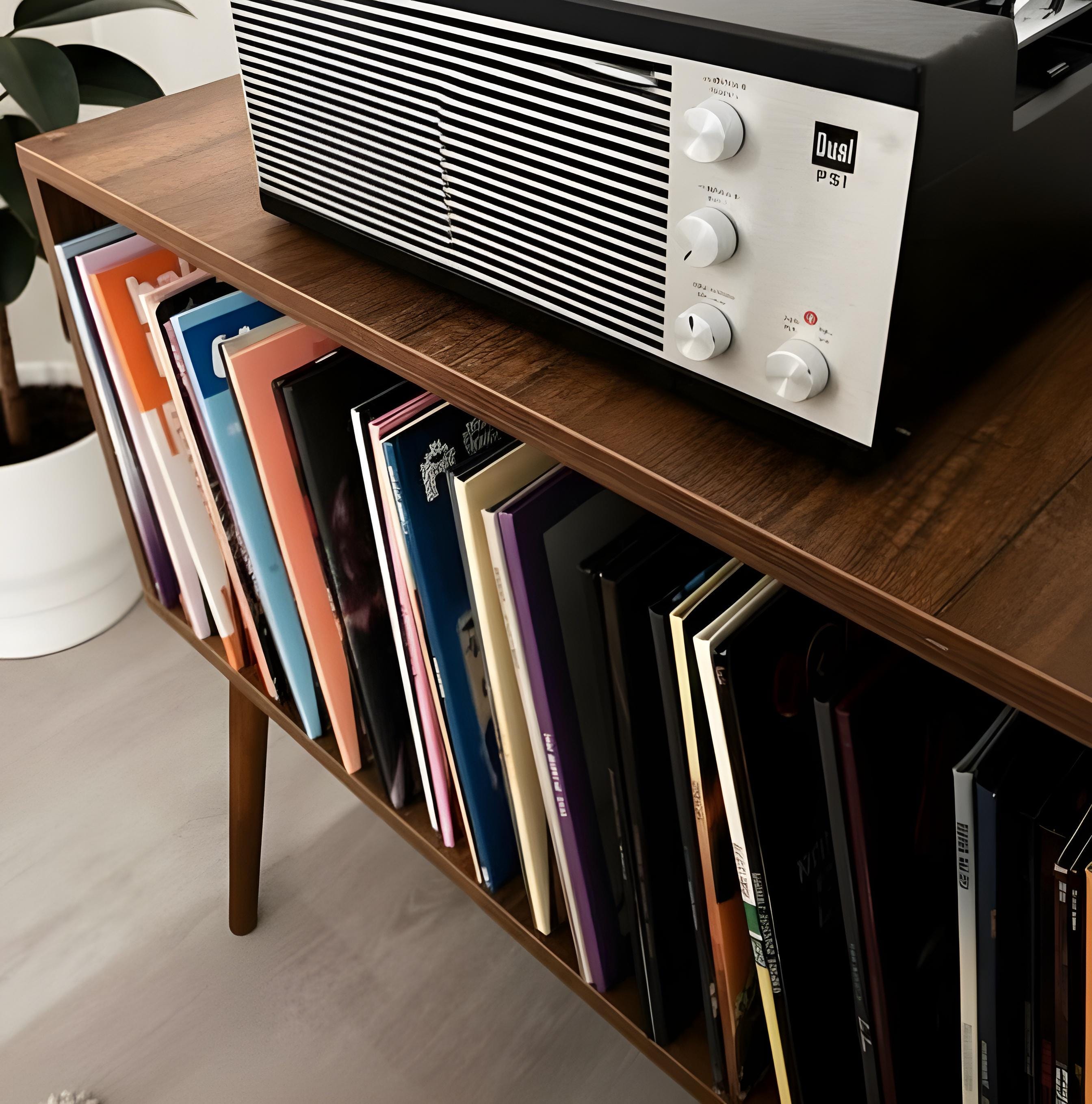 Large Record Stand, Retro Wood Console, Compact LP Stand, Small Space Rack