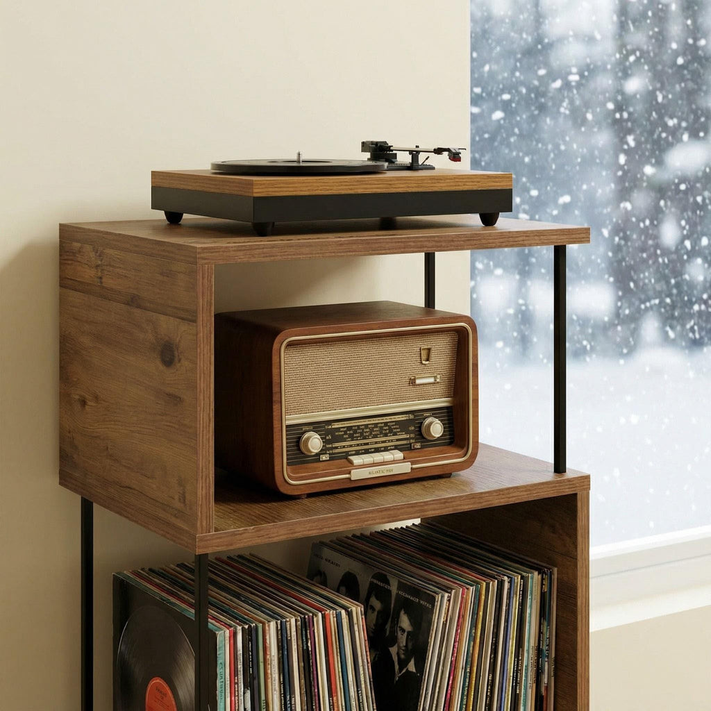 Turntable Stand with Vinyl Storage, Modern Record Player Stand, Compact LP Record Storage Unit, Wooden Audio Rack, Mid Century Style