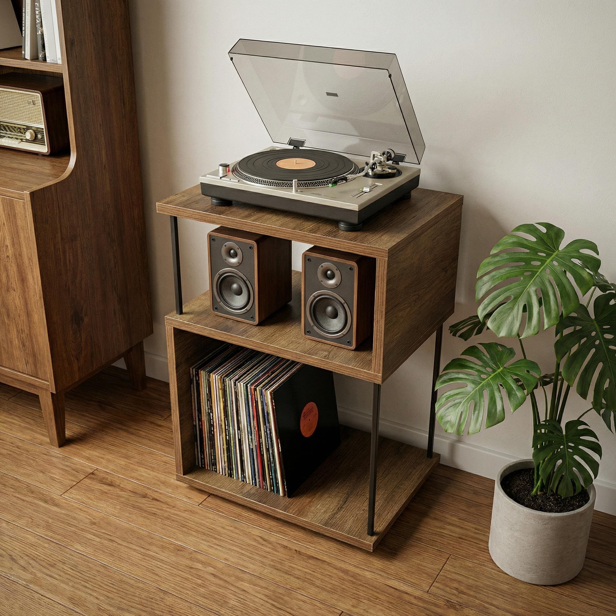 Turntable Stand with Vinyl Storage, Modern Record Player Stand, Compact LP Record Storage Unit, Wooden Audio Rack, Mid Century Style
