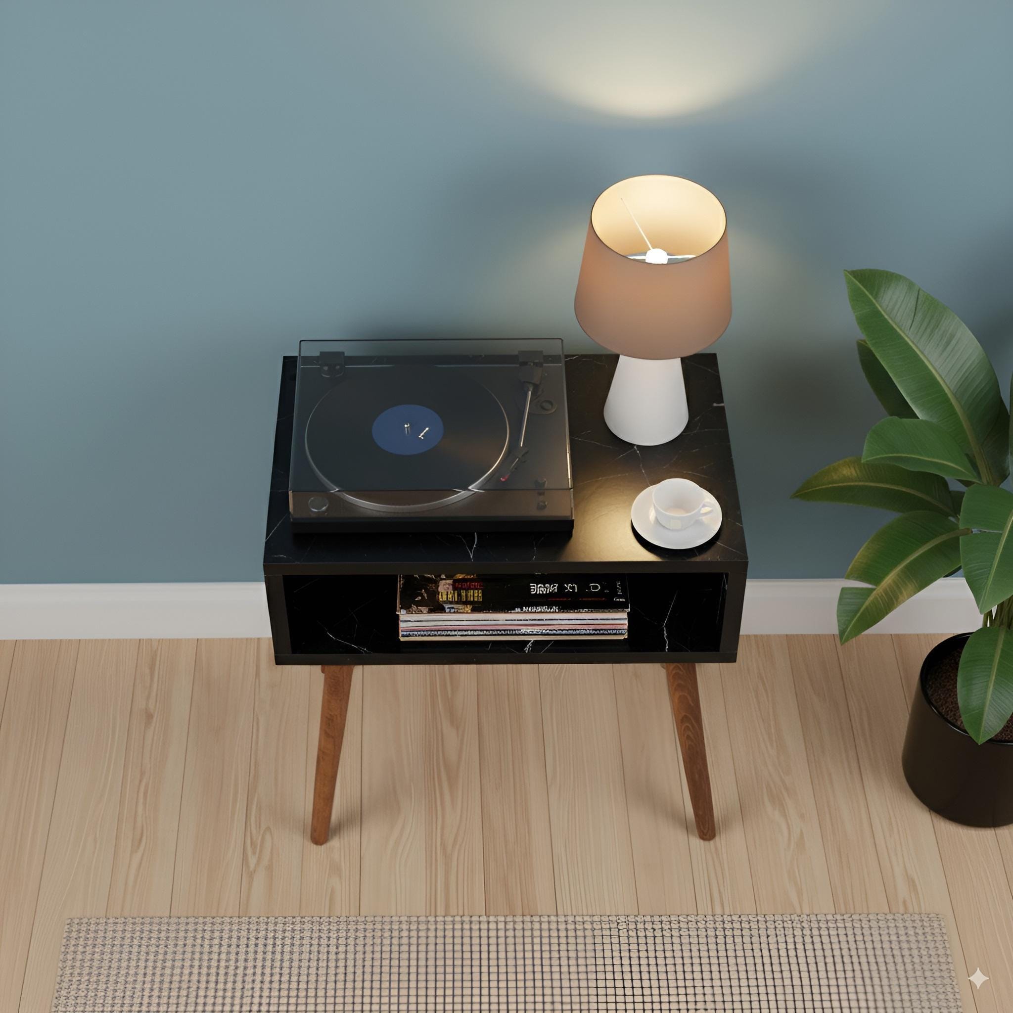 Compact Record stand, Black marble top, Wood legs
