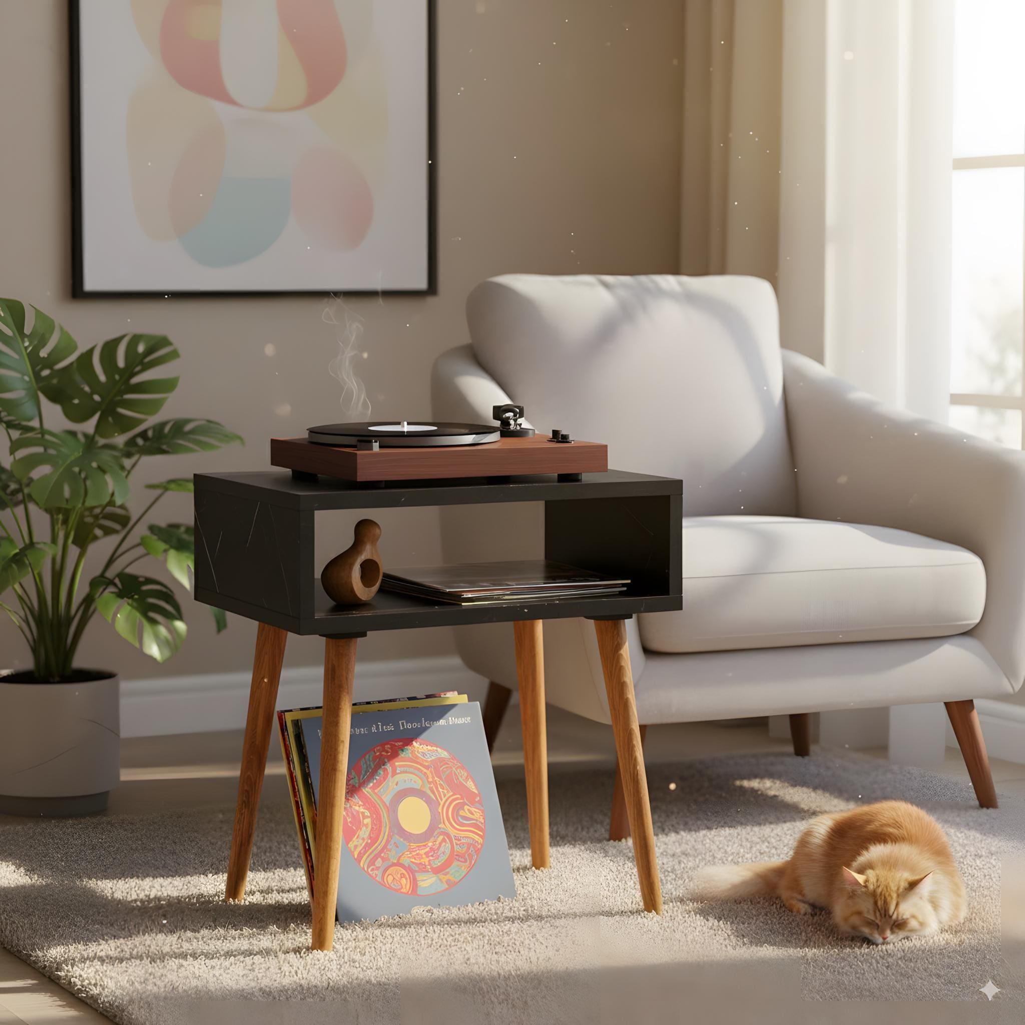 Compact Record stand, Black marble top, Wood legs