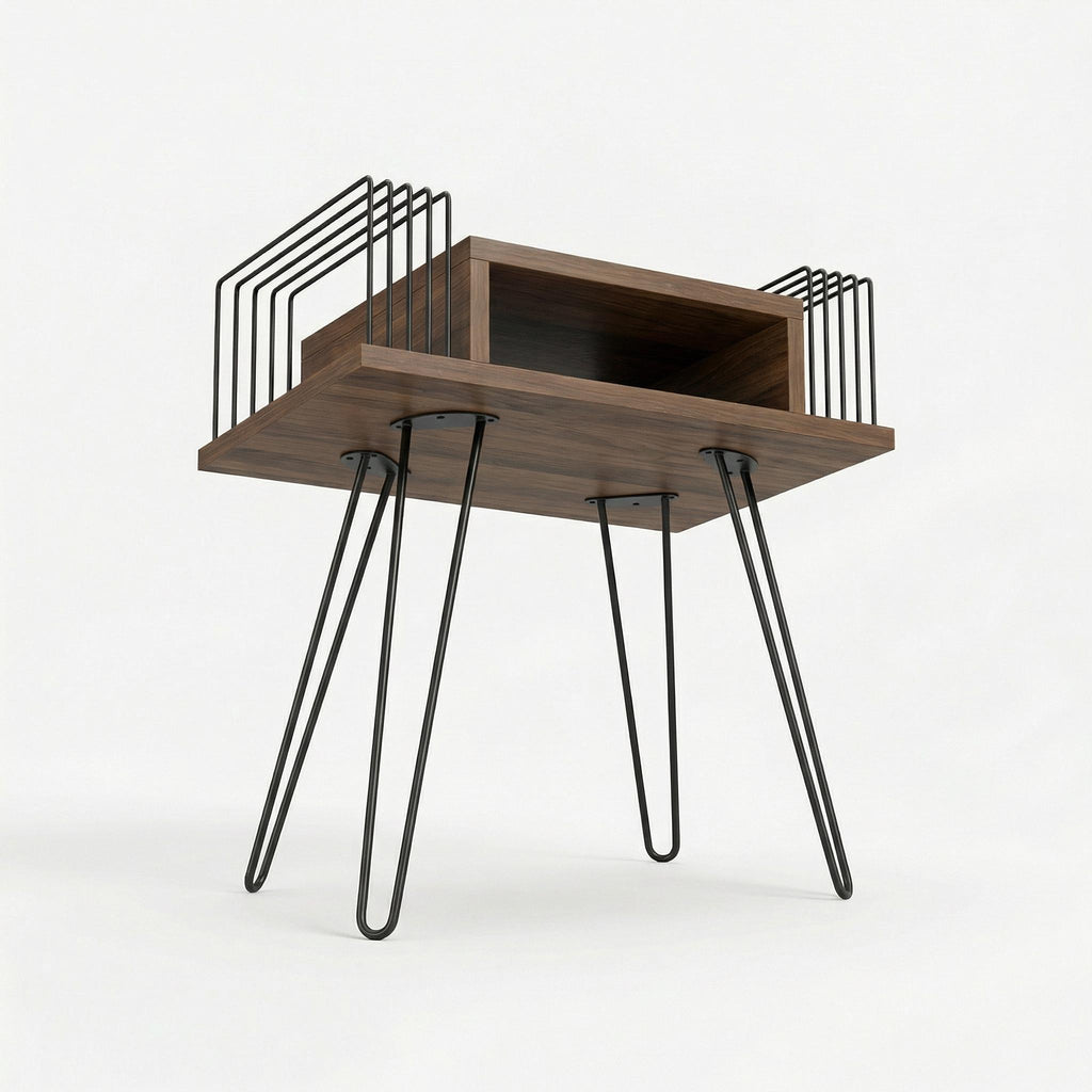 Handmade Vinyl storage unit, lp holder wood metal, Retro sidetable : Mid Century Record Stand.