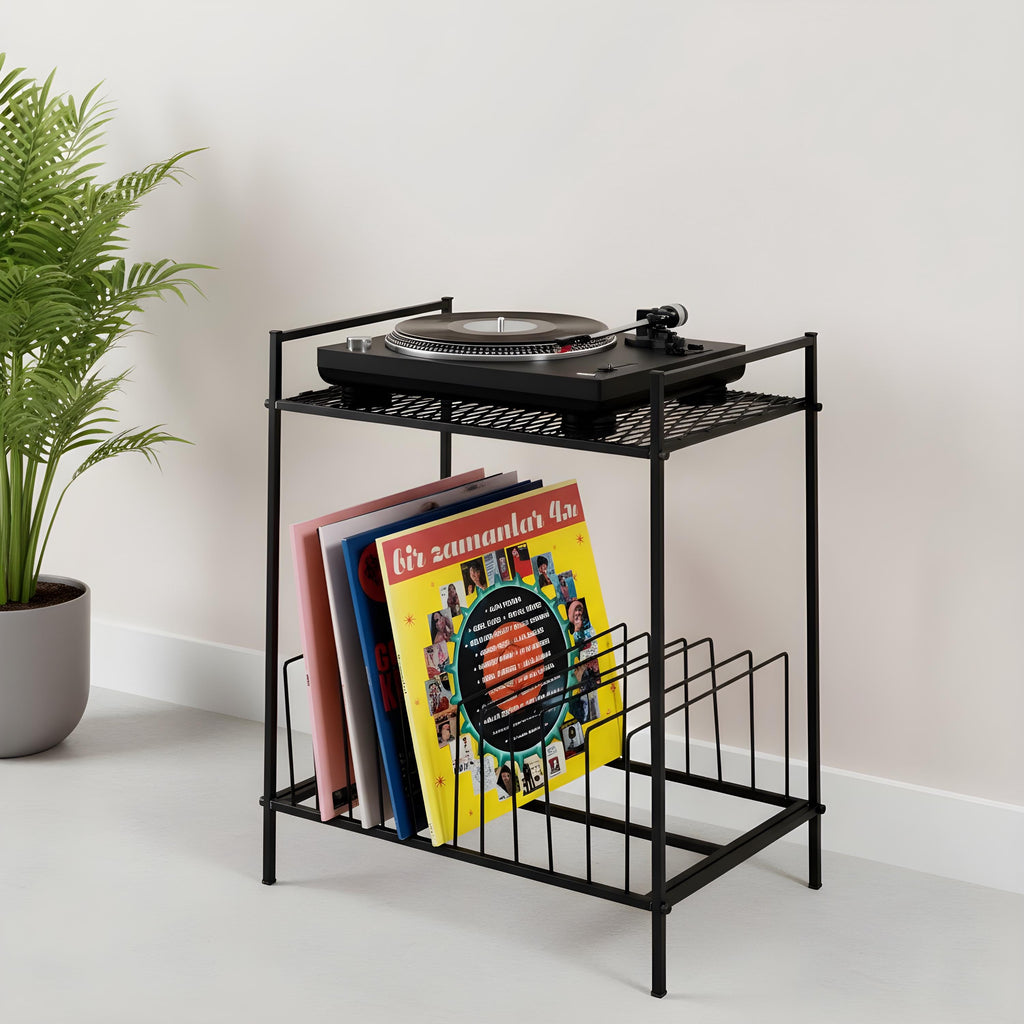 Black Metal Record Player Stand: Industrial Chic Vinyl Storage.