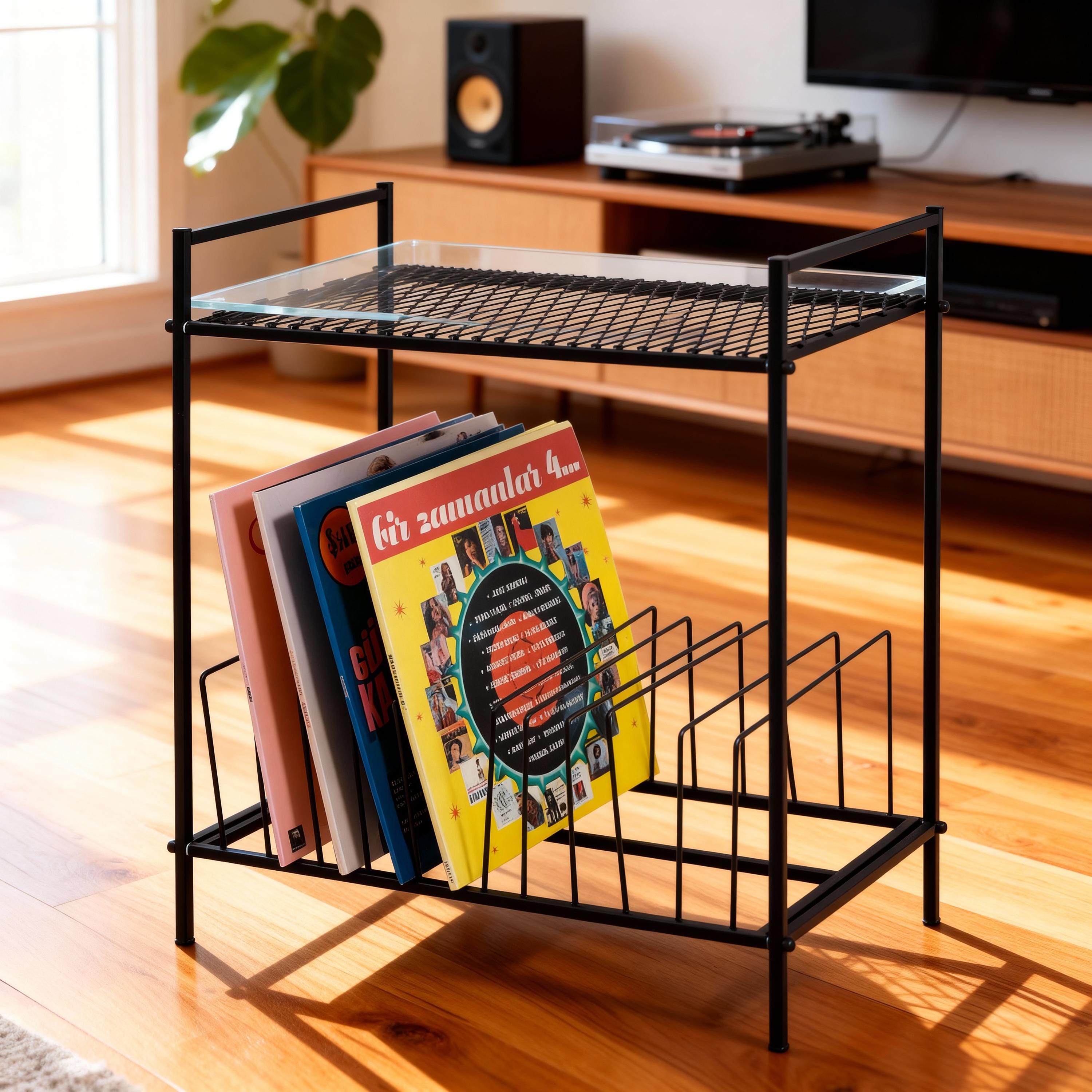 Black Metal Record Player Stand: Industrial Chic Vinyl Storage.