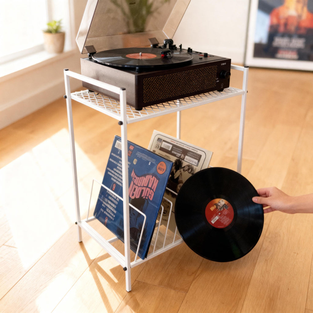 Black Metal Record Player Stand: Industrial Chic Vinyl Storage.
