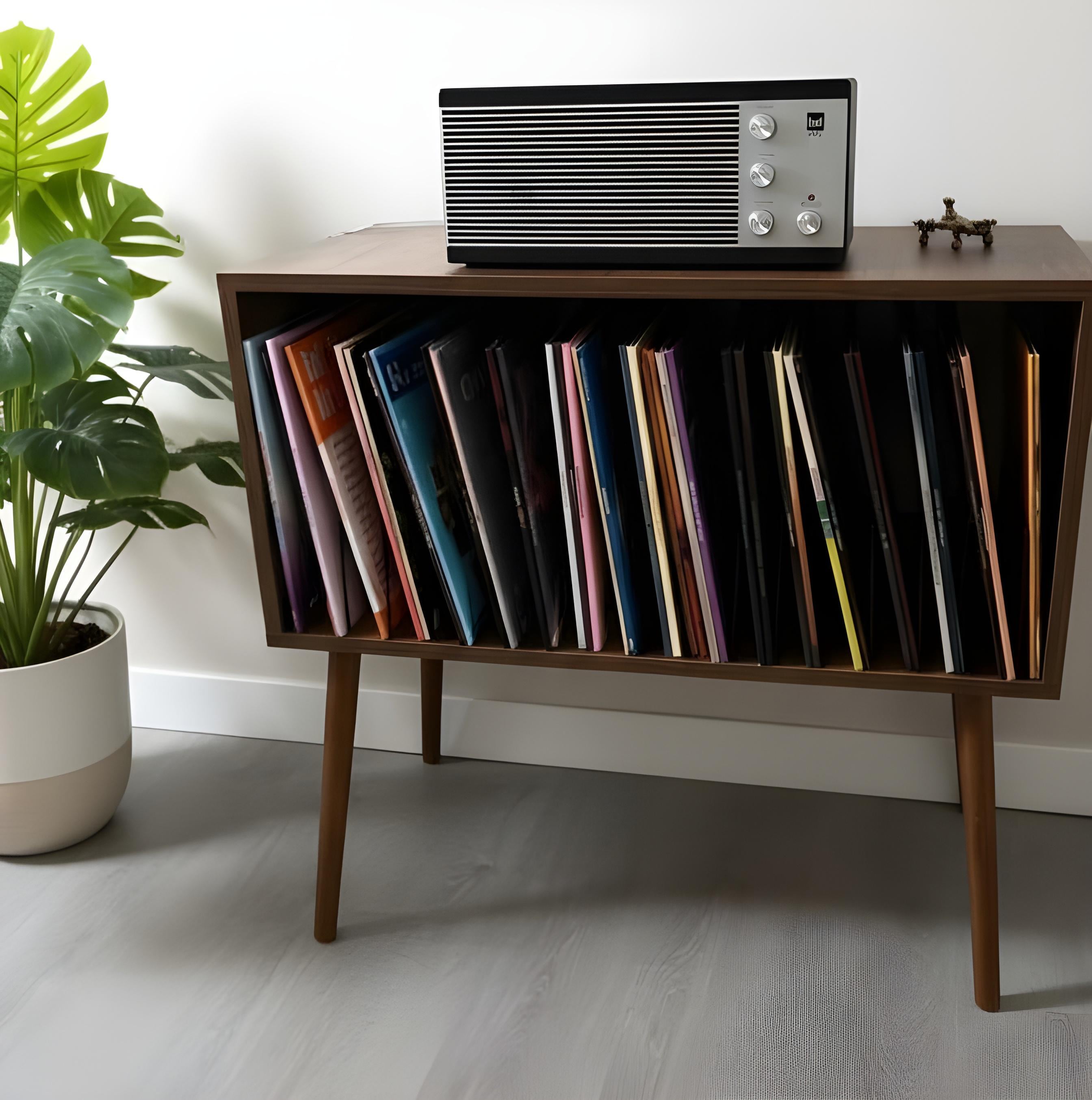 Vinyl Storage Rack Walnut-Pine-White Color, Retro MCM Record Stand, Engraved Front Panel