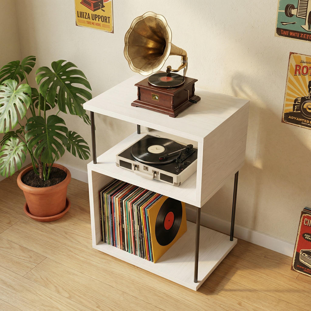 Record player stand with LP storage, small vinyl display unit