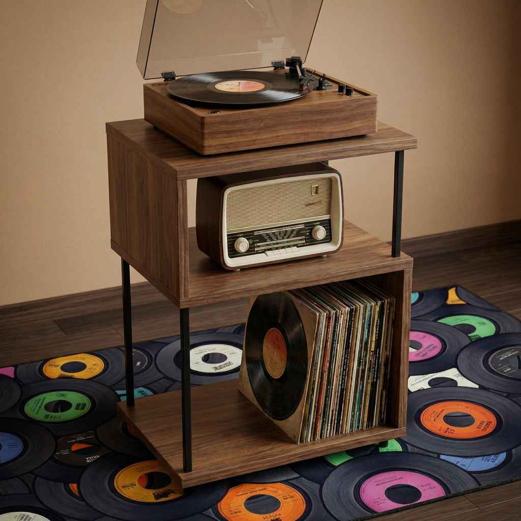 Record player stand with LP storage, small vinyl display unit