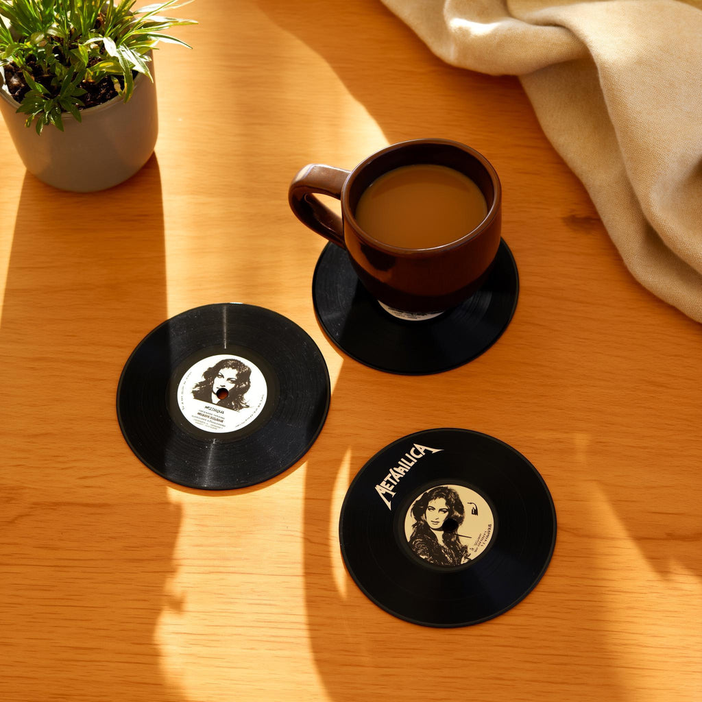 Lp record coaster set, black vinyl, retro dj booth decor