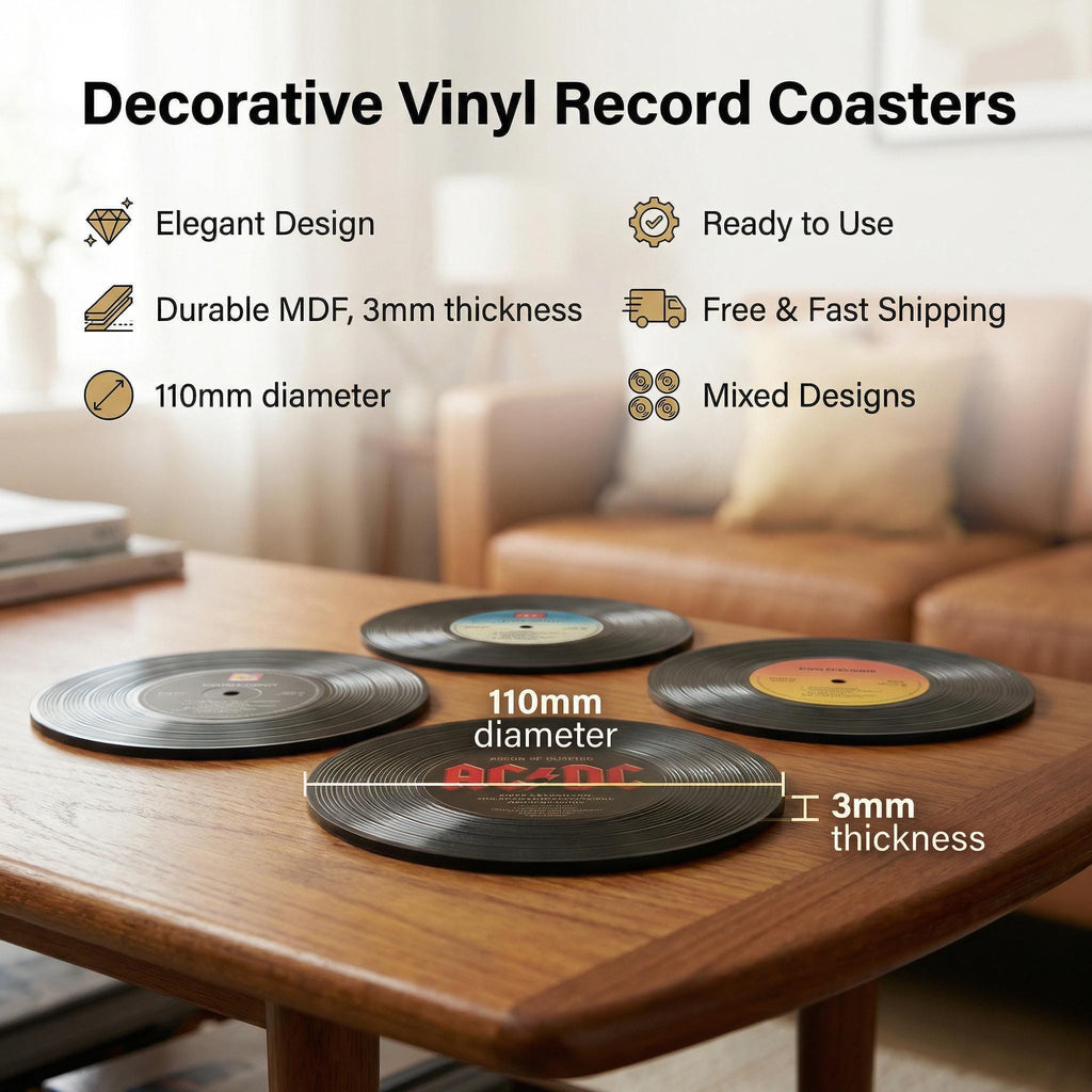 Lp record coaster set, black vinyl, retro dj booth decor