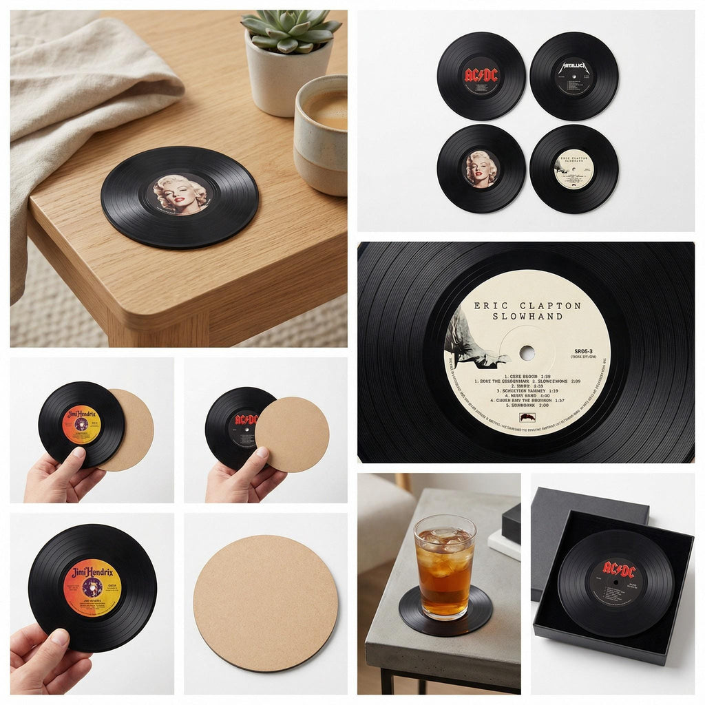 Lp record coaster set, black vinyl, retro dj booth decor