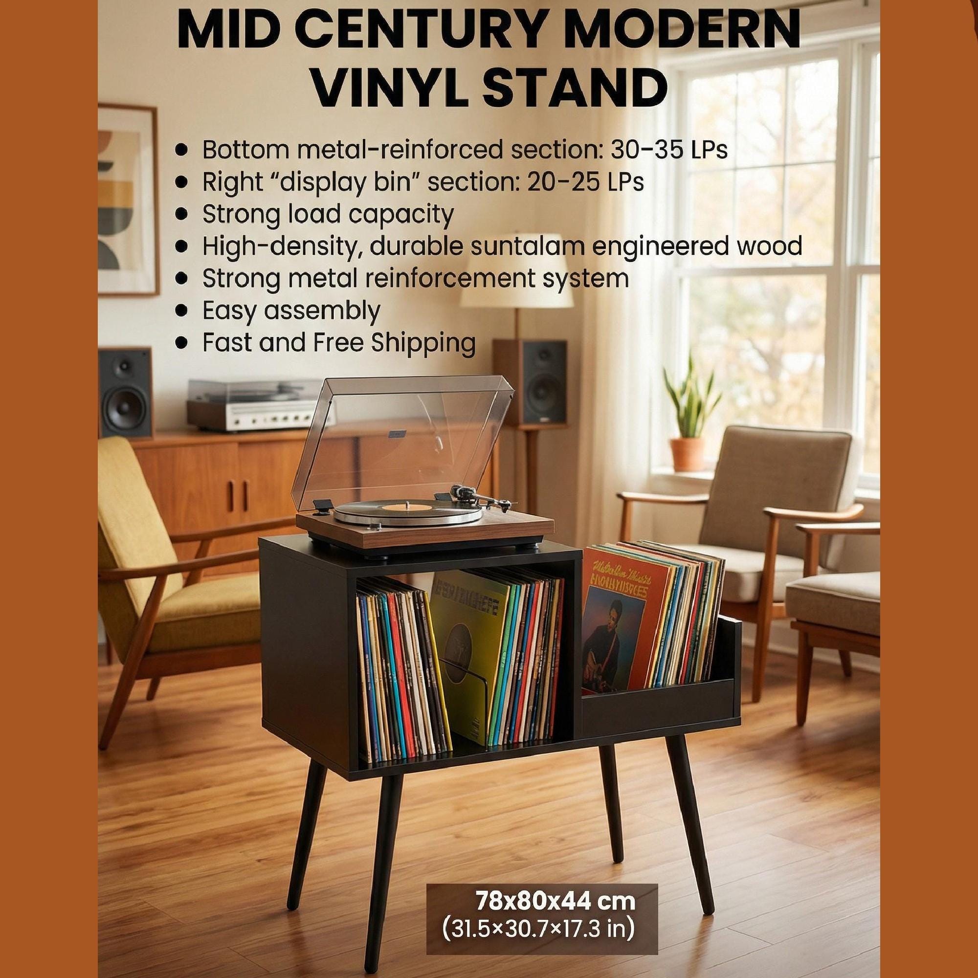 MCM Record Stand with Personalized Text, Mid-Century Turntable Setup and Metal Separator