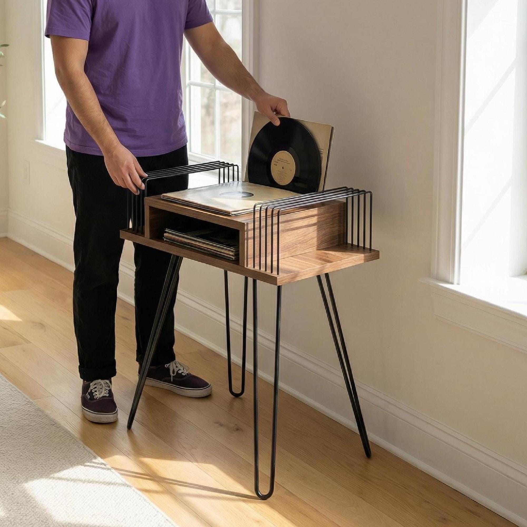 Handmade Vinyl storage unit, lp holder wood metal, Retro sidetable : Mid Century Record Stand.