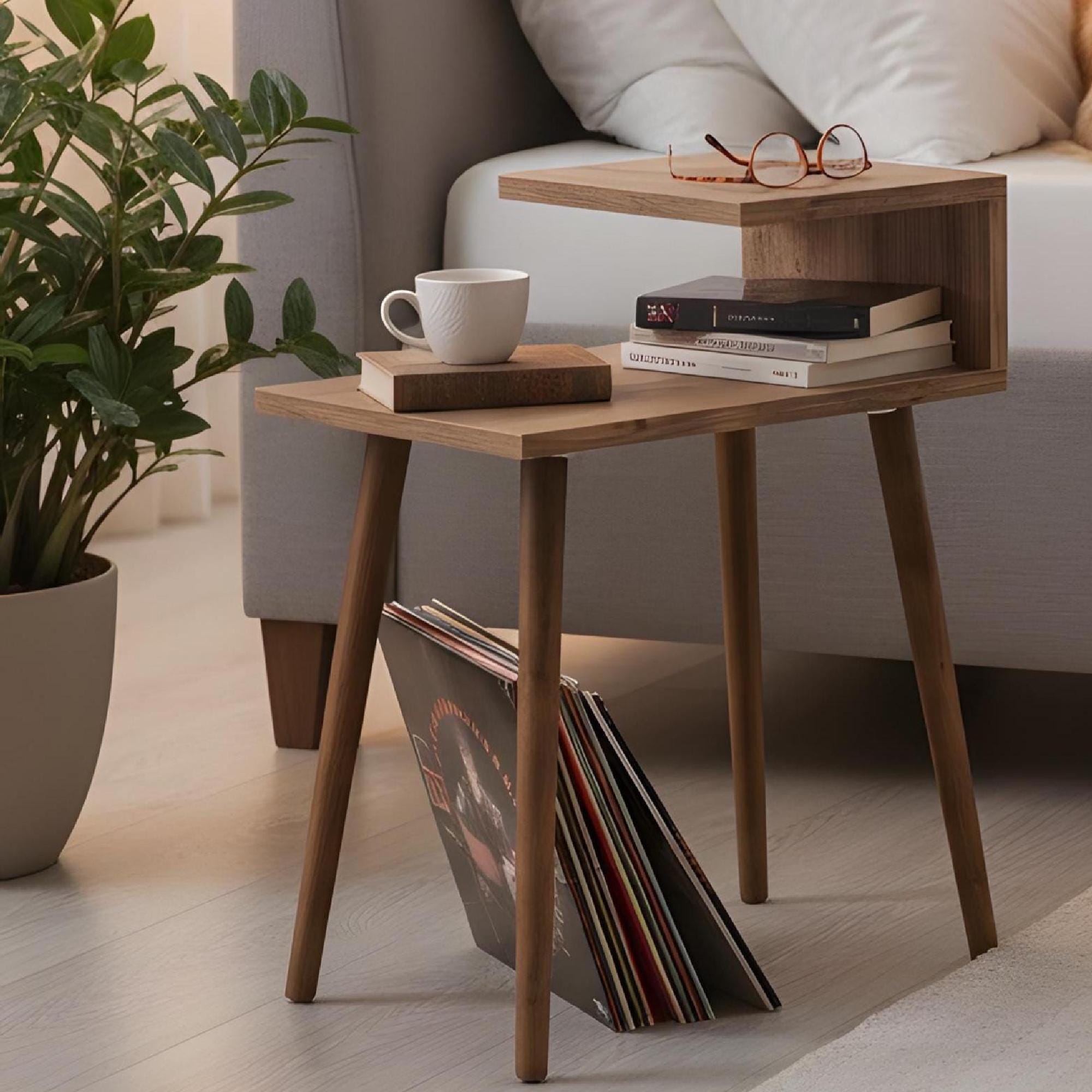 Turntable Side Table, Walnut Wood, Small Record Stand, Vinyl Storage