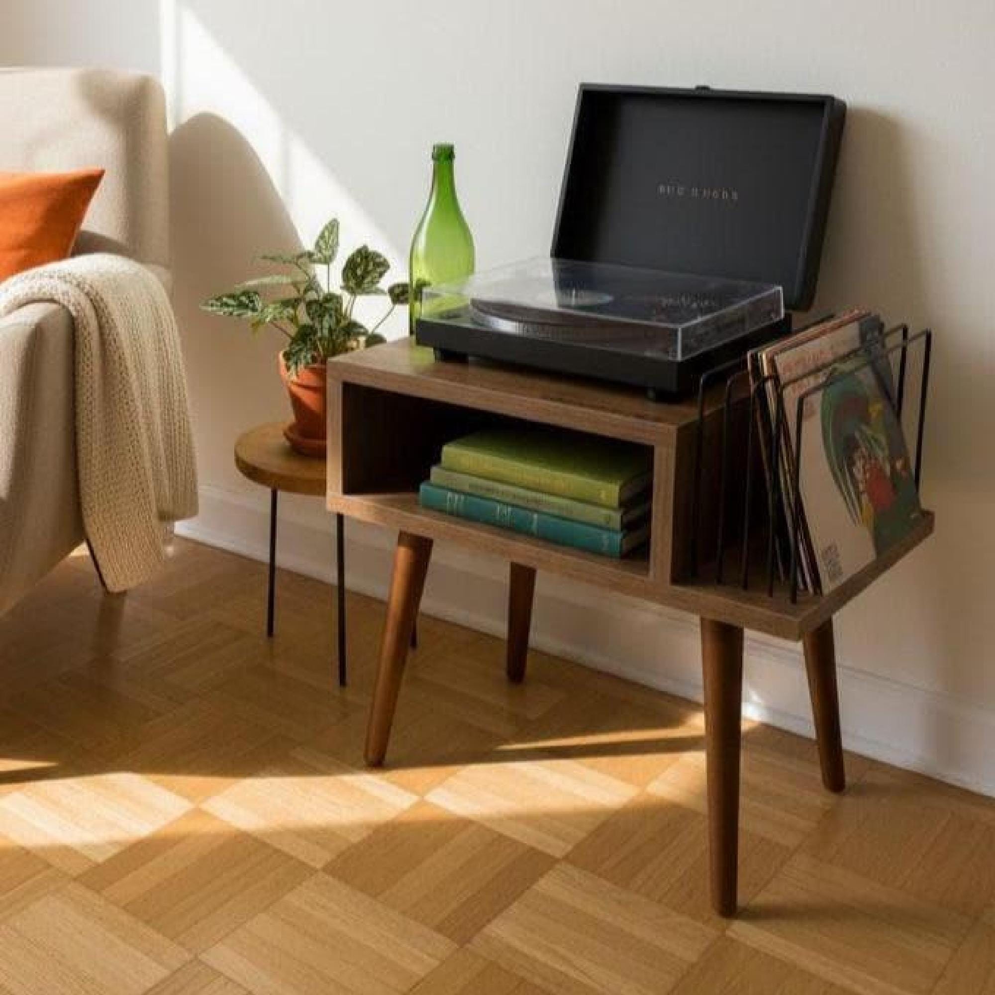 Compact Vinyl Stand, Wood Veneer, Retro LP Storage, Narrow Record Stand