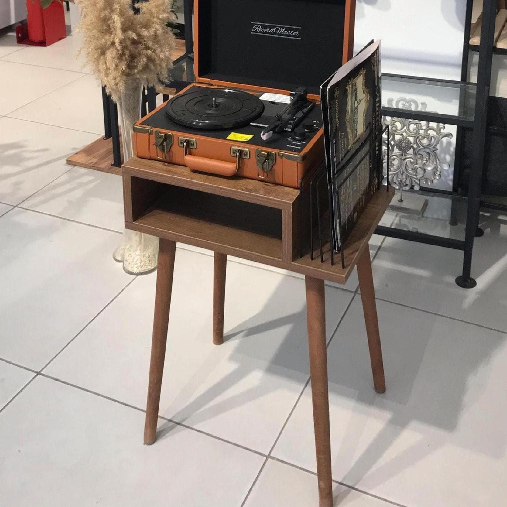Compact Vinyl Stand, Wood Veneer, Retro LP Storage, Narrow Record Stand