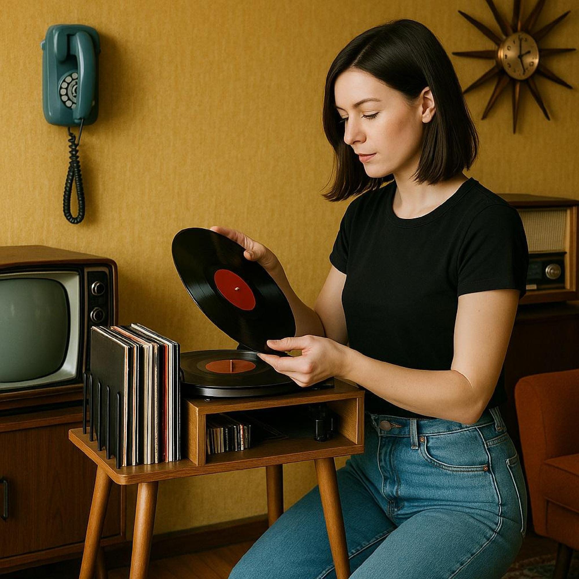 Compact Vinyl Stand, Wood Veneer, Retro LP Storage, Narrow Record Stand