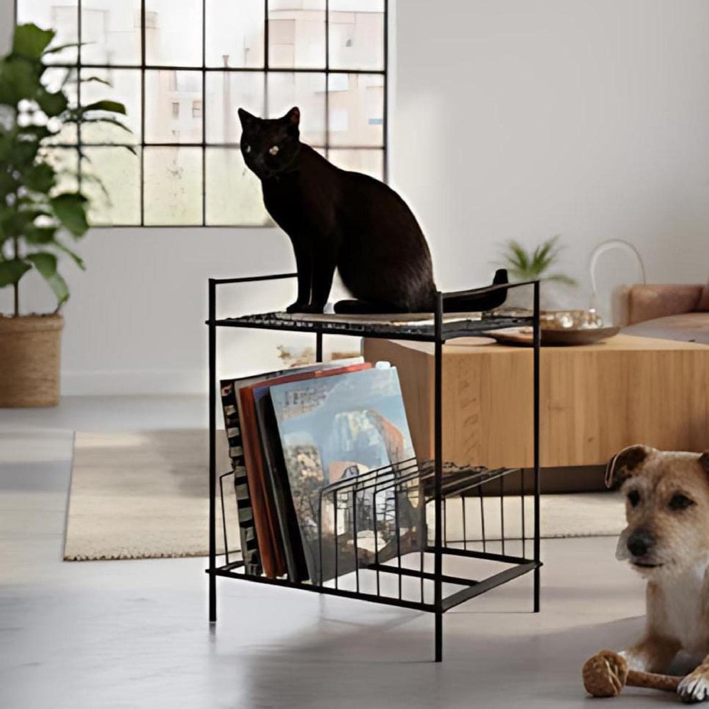 Black Metal Record Player Stand: Industrial Chic Vinyl Storage.