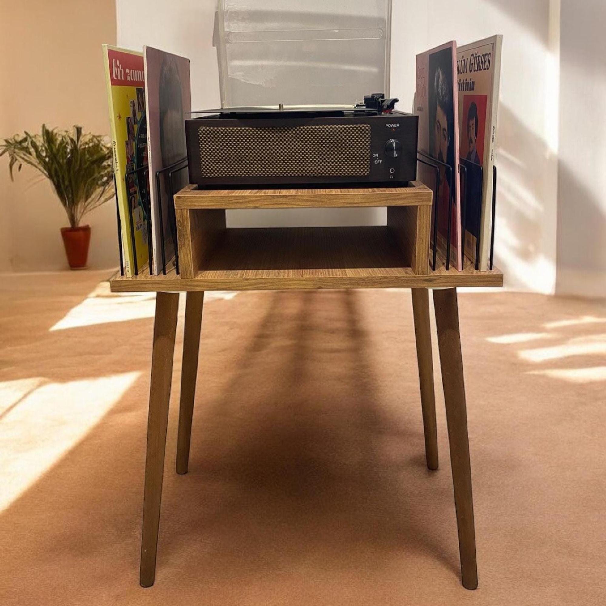 Mid Century Record Player Stand: Baroque Wood Vinyl Holder, lp storage stand