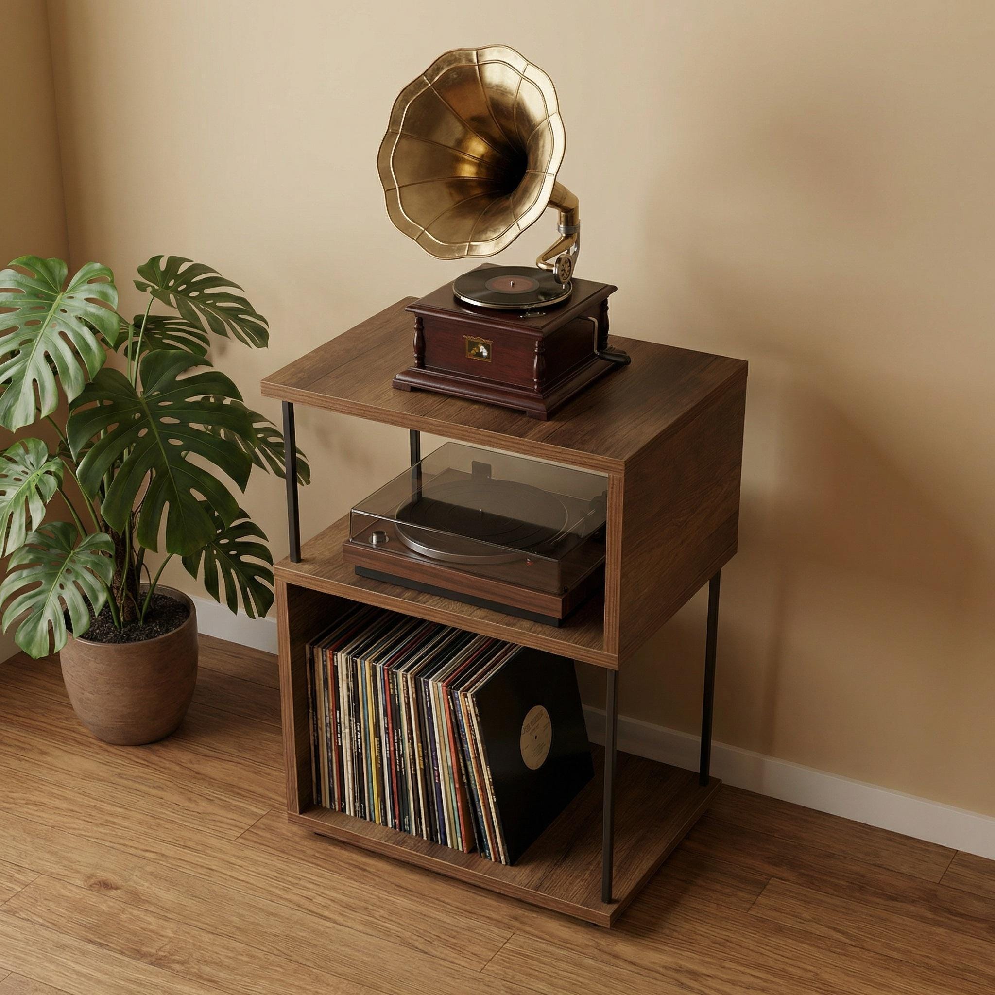 Compact record stand, plywood vinyl setup stand, small media console