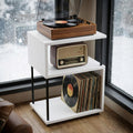 Compact record stand, plywood vinyl setup stand, small media console