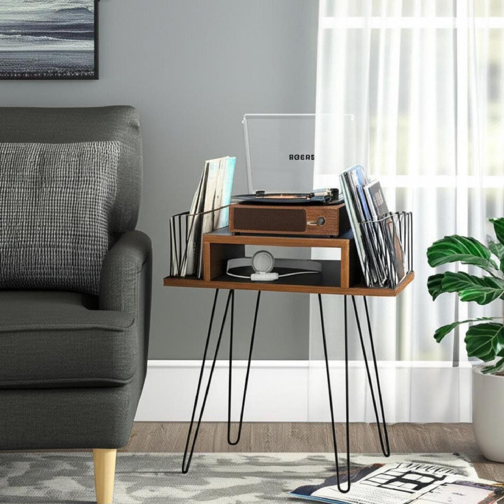 Handmade Vinyl storage unit, lp holder wood metal, Retro sidetable : Mid Century Record Stand.