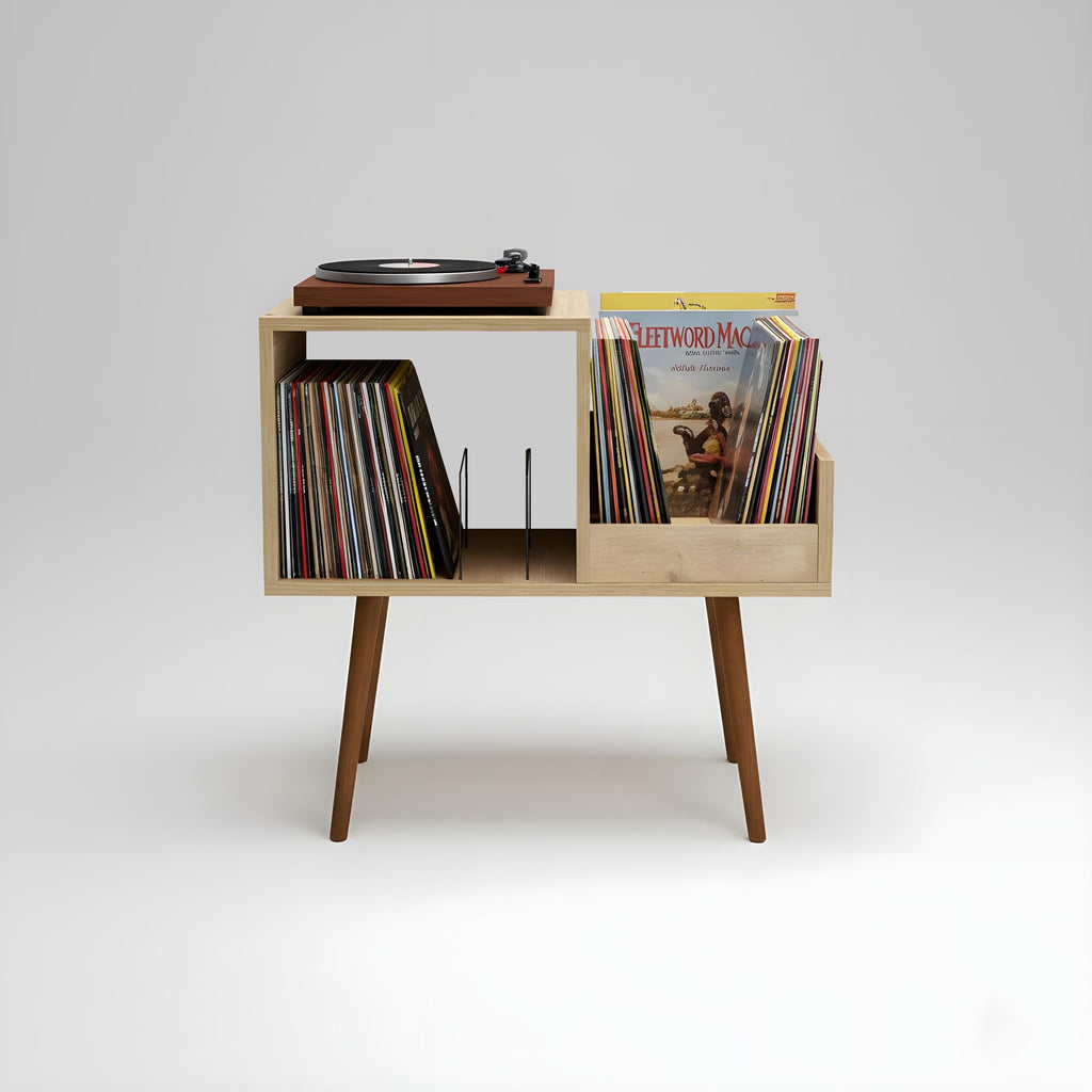 MCM Record Stand with Personalized Text, Mid-Century Turntable Setup and Metal Separator