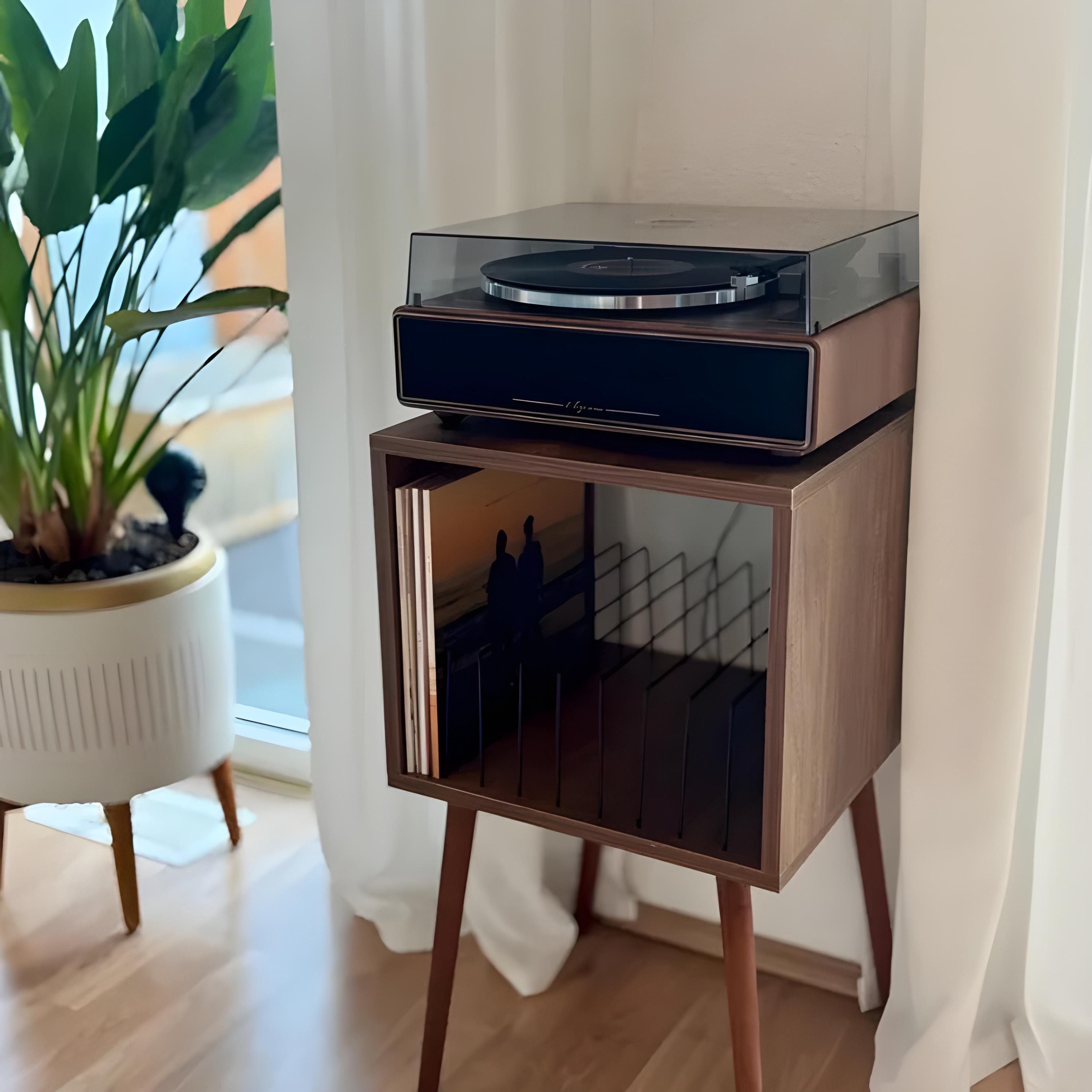 Mid-Century Modern Vinyl Record Stand, LP Turntable Furniture, Retro Record Player Table, Music Lover Gift.