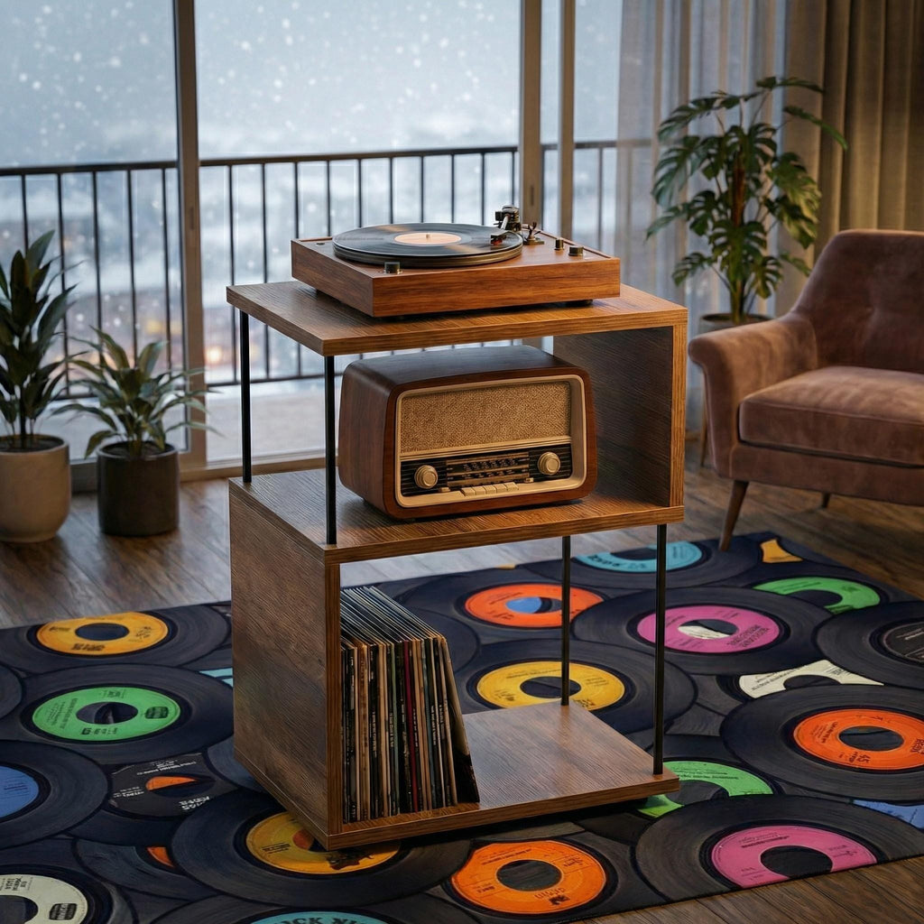 Turntable Stand with Vinyl Storage, Modern Record Player Stand, Compact LP Record Storage Unit, Wooden Audio Rack, Mid Century Style