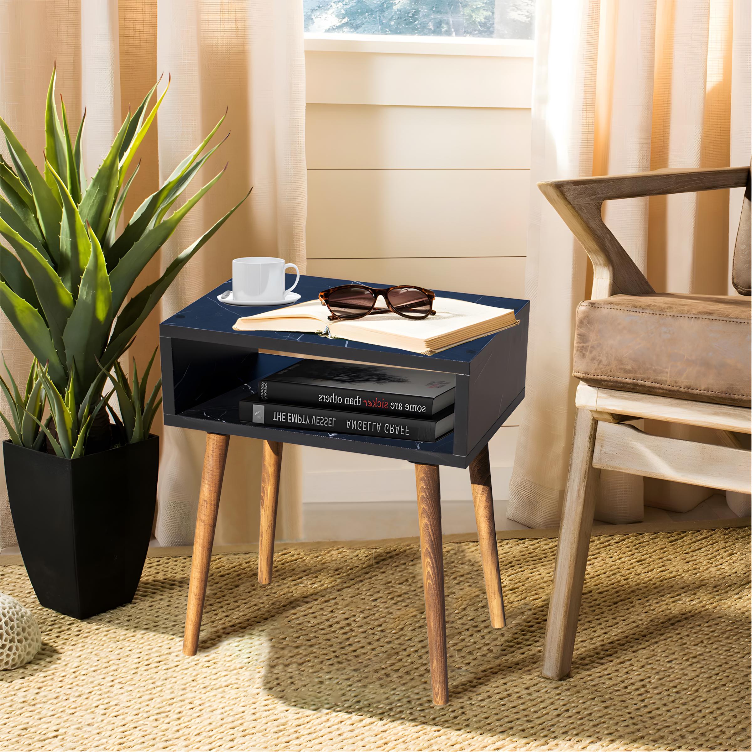 Compact Record stand, Black marble top, Wood legs